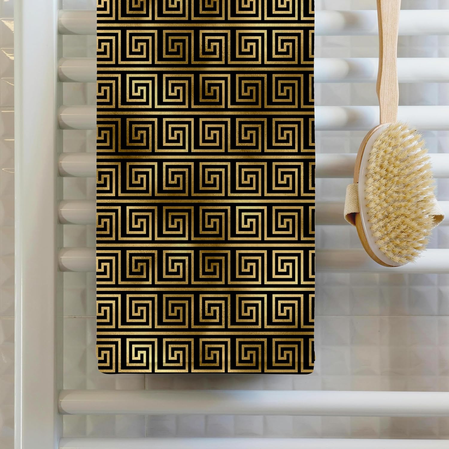 3dRose Modern Black and Image of Gold Greek Key Geometric Pattern 22x30 Bath Hand Pool Towel