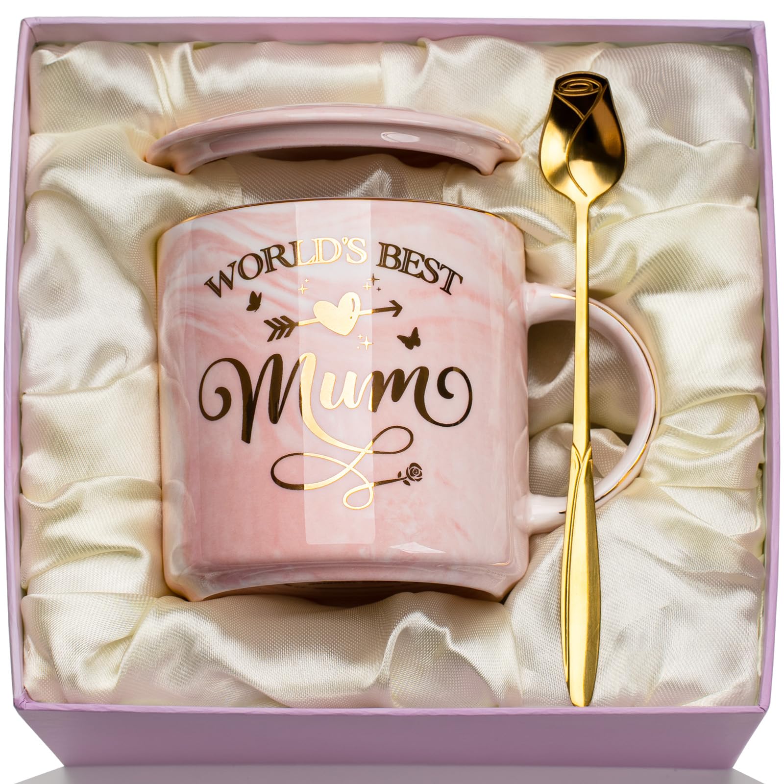 Mum Gifts, Mum Birthday Gifts Mug, Marble Ceramic Mummy Cup Presents for Mother - World's Best Mu-m, 14oz Pink Coffee Cup with Spoon, Lid, Greeting Card, Exquisite GiftBox