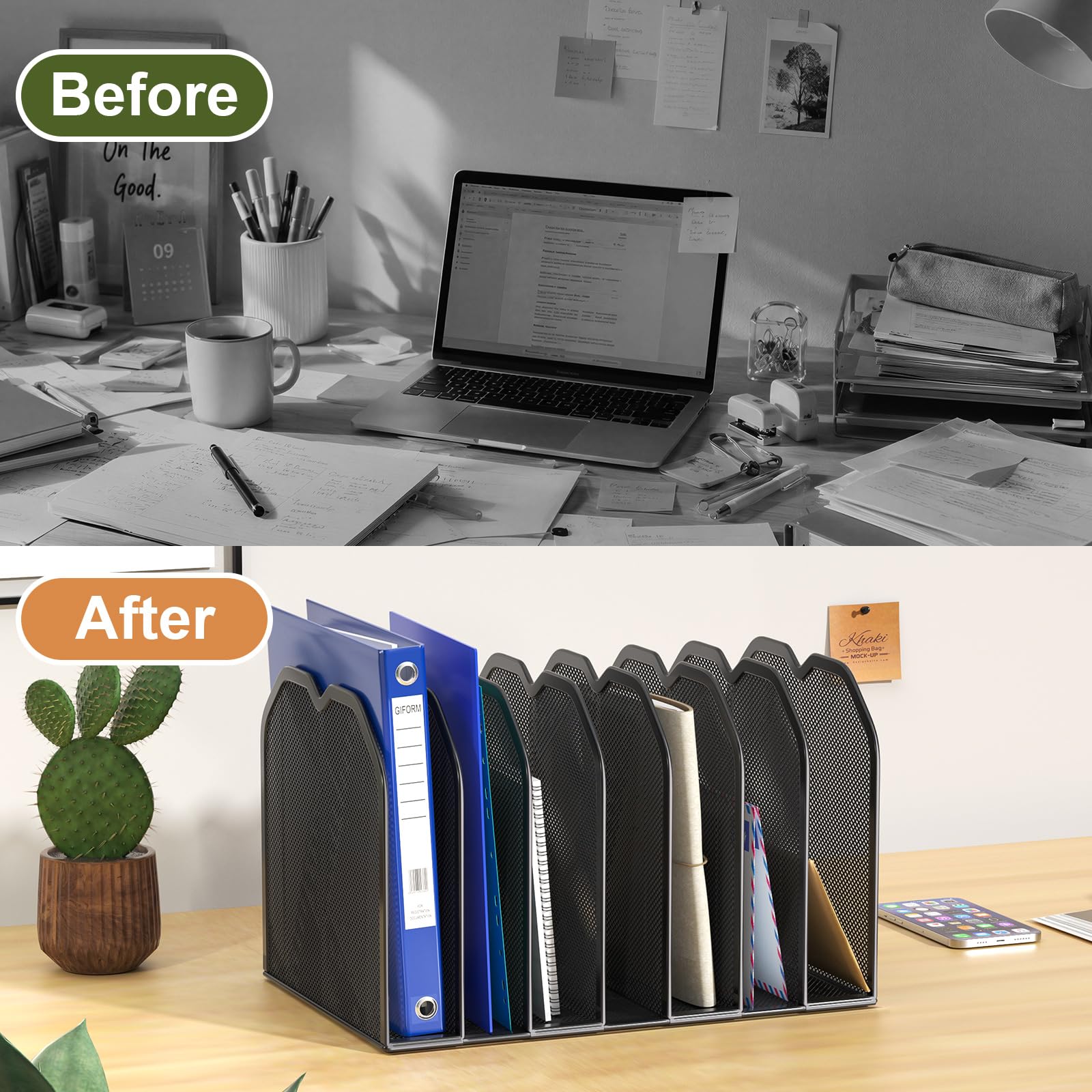 FANXIYQ Organizer per cartelle di file a 7 sezioni nero per scrivania - Porta file verticale in metallo, organizer per file desktop Supporto verticale, rack per cartelle lettere/A4, organizer per