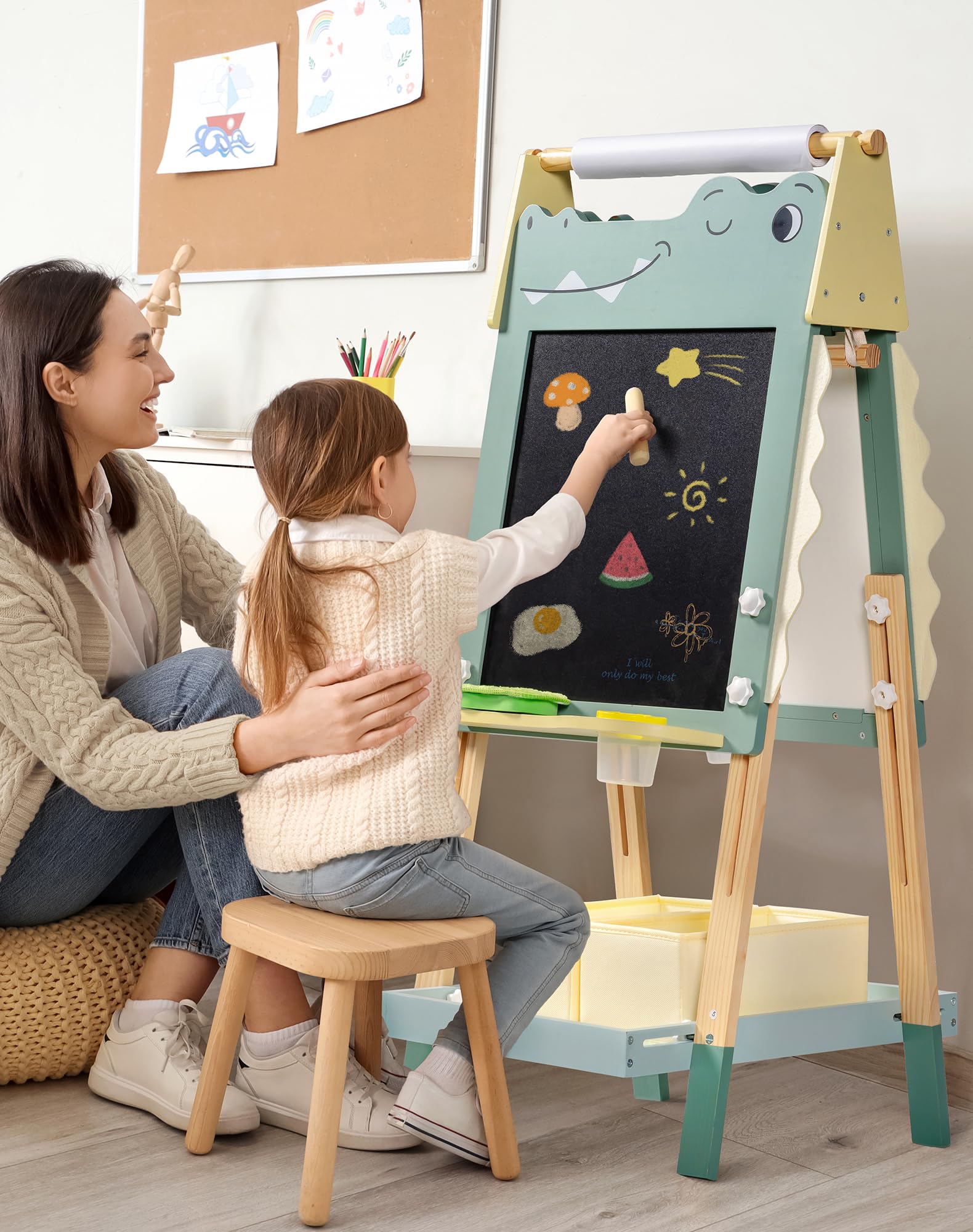 Caballete de cocodrilo para niños, caballete de madera 3 en 1 de altura ajustable con pizarra blanca magnética, pizarra y soporte para rollo de papel, divertida estación de arte para niños y 8