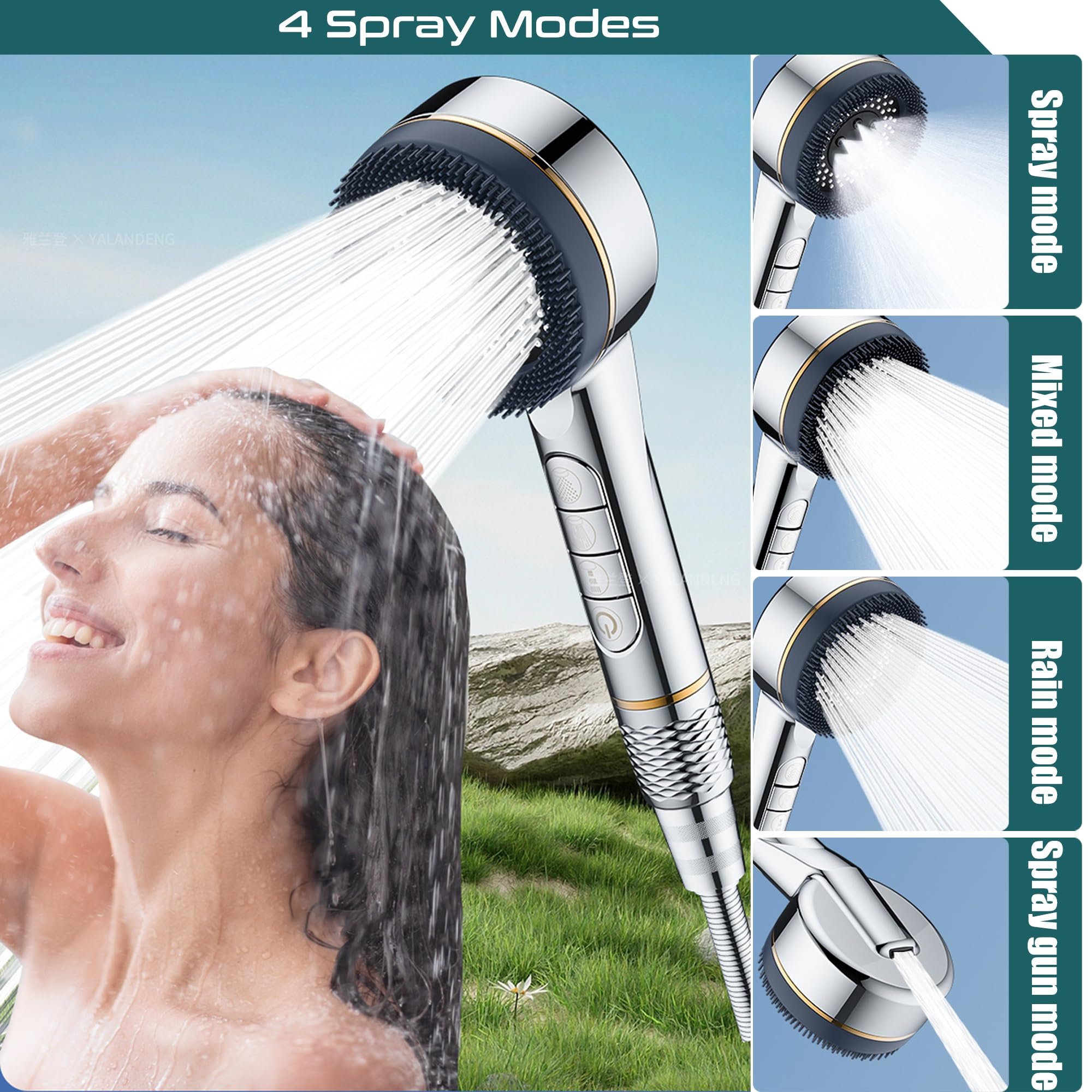 Doccia con filtro ad alta pressione, 4 modalità di getto regolabili, soffione massaggiante, filtro sostituibile con tubo flessibile lungo 78 pollici(Bianco,2m/78in)