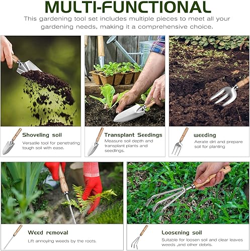 Miniatura 5 de Juego de herramientas de jardín de acero inoxidable con asas de ceniza, kit de jardinería para excavar, podar, plantar, herramientas