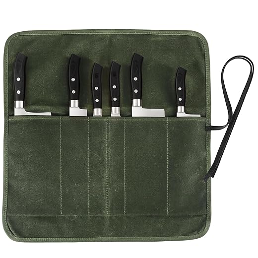 JOINDO Knife Roll Bag, Chef’s Knife Roll Bag, Heavy Duty Chef Knife Roll Bag with 6 Slots, Waxed Canvas Knife Bag Roll, Knife Pouch Holder for Home Kitchen Travel Camping (green)