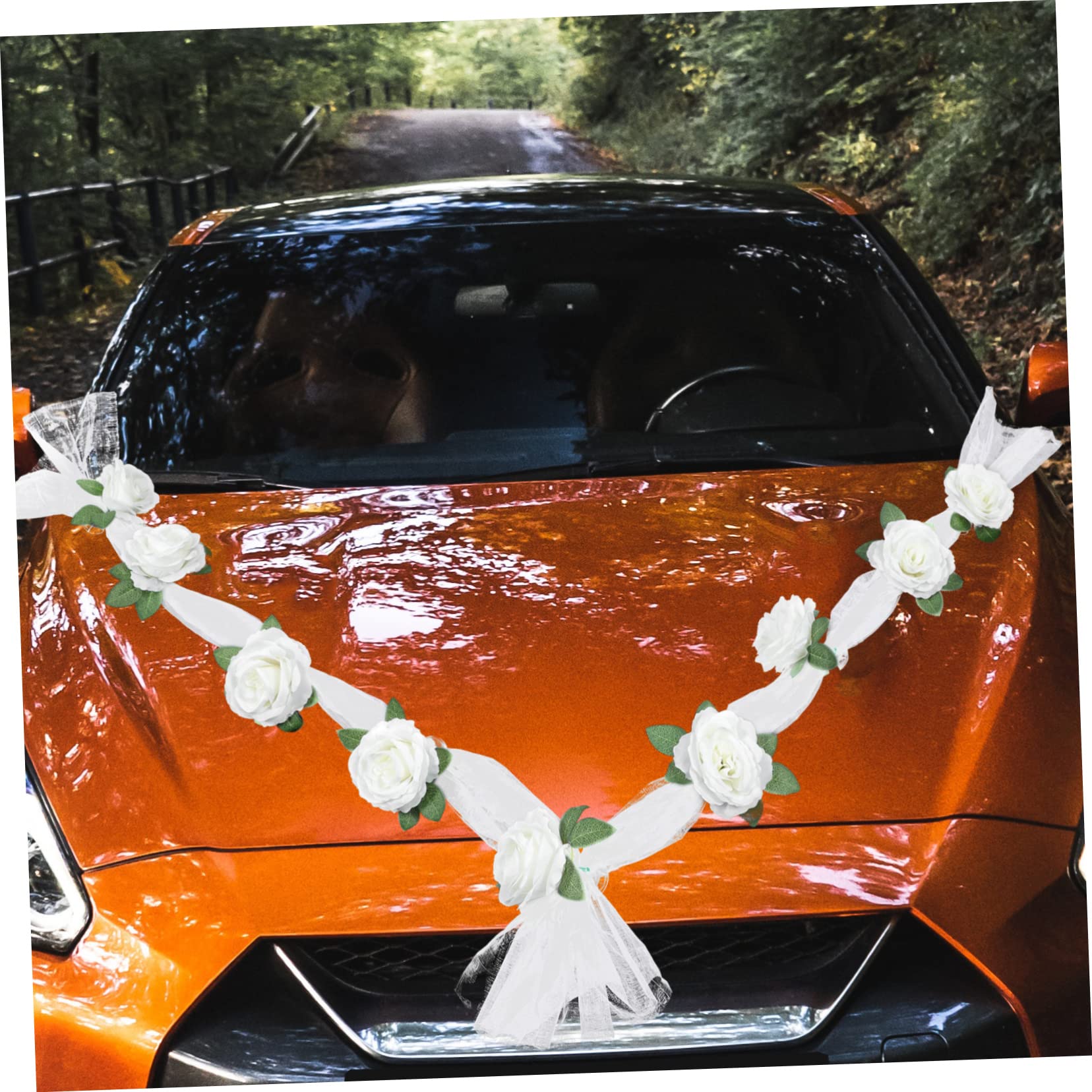 Amosfun 3 Ensembles Ceinture de Voiture de Mariage Titulaire marié artificiels Wedding Decorations Decoration Fete Artificiel décor de Fleurs de Mariage Fausse Rose Blanche Ruban