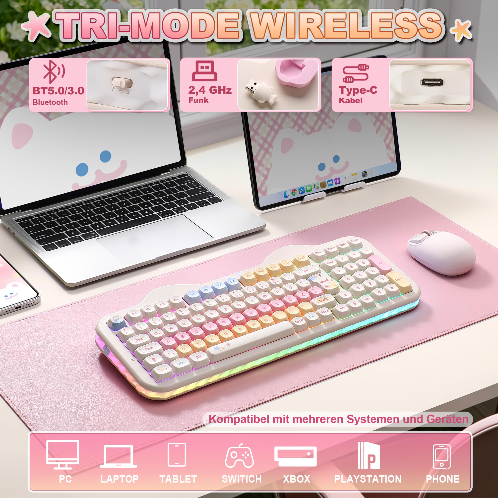 YUNZII C98 ISO DE - Tastiera meccanica wireless (beige, Milk V2 Linear)