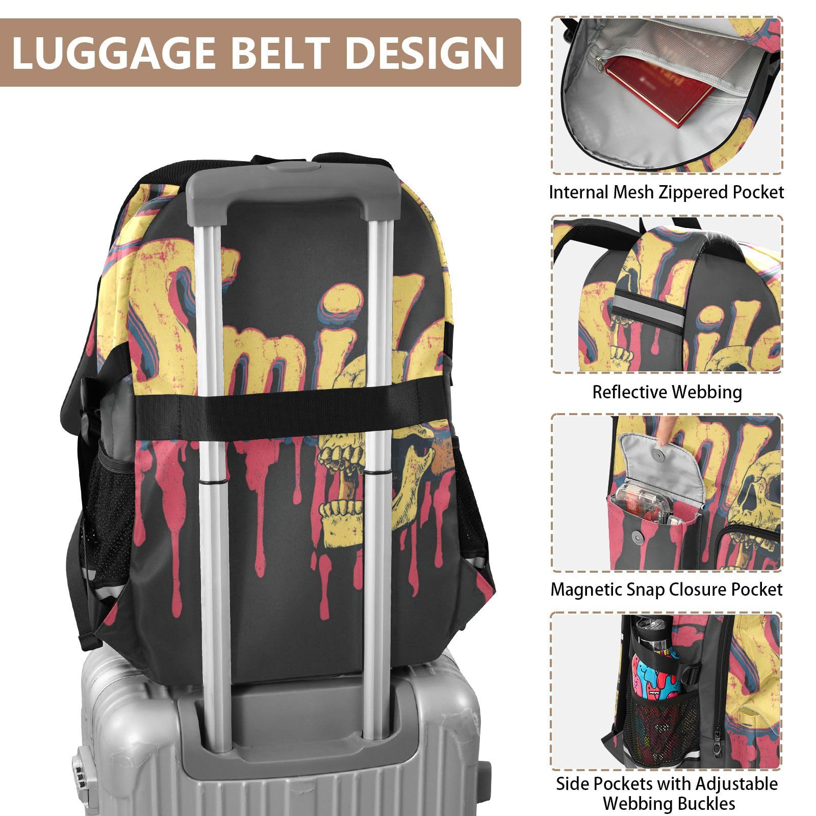 Sac à dos de voyage pour ordinateur portable de 17 à 5 pouces Motif crâne de mort pour adolescentes et filles