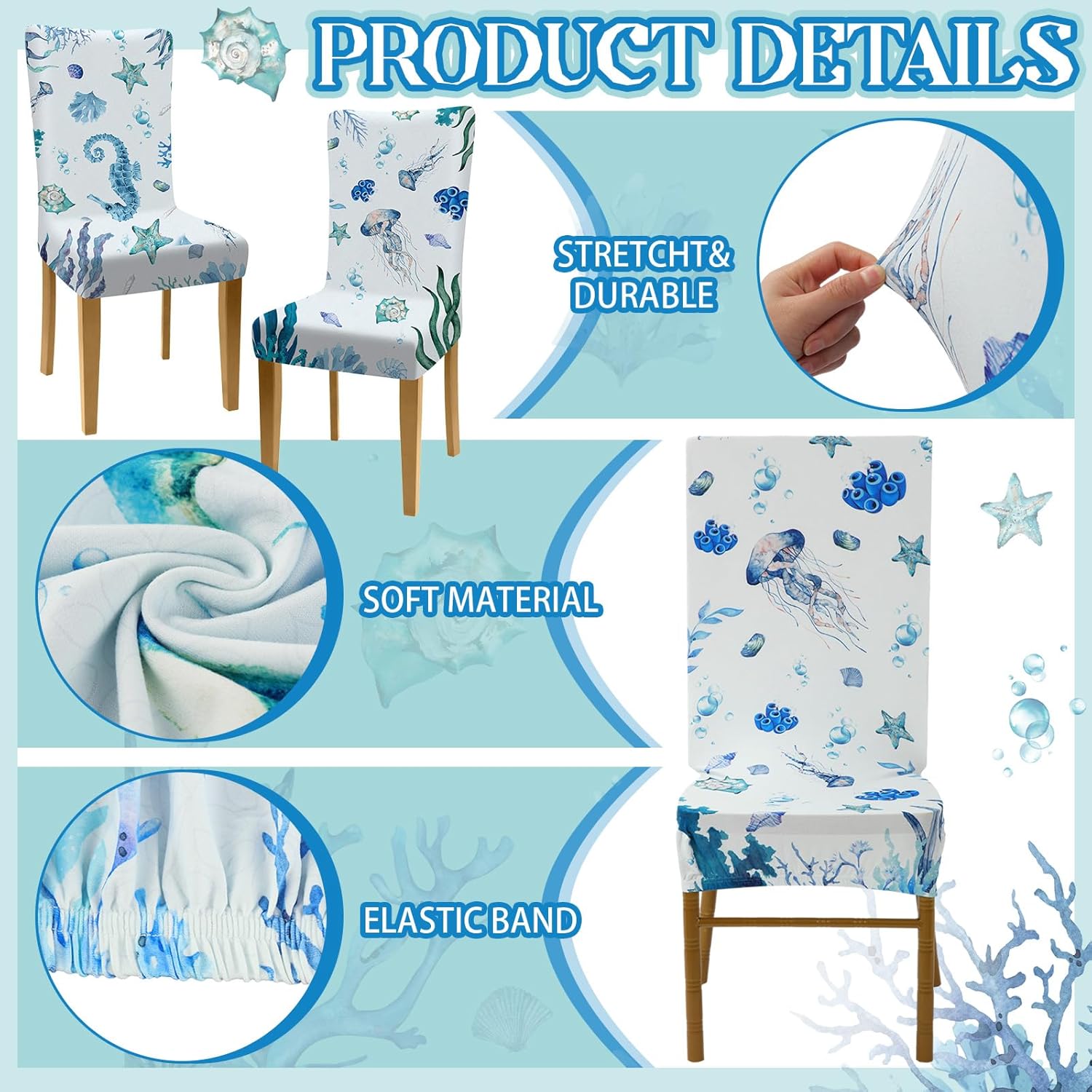 SmoothNovelty 6 Pcs Ocean Chair Covers Marine Organism Stretch Chair Cover Sets Coastal Chair Covers Washable Removable Chair Slipcover for Dining Room Restaurant Banquet Home Decor, 6 Styles