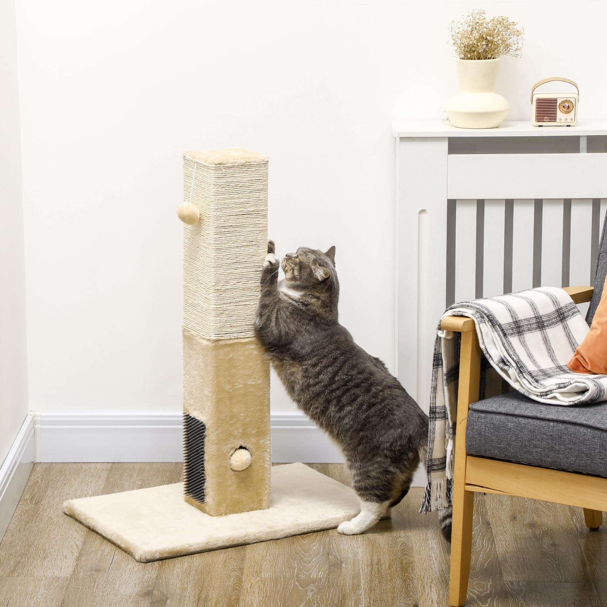 PawHut Poste Rascador para Gatos 79 cm con Bola Colgante, Cascabel y Poste de Yute 59,5x39x79 cm en Beige y Crema