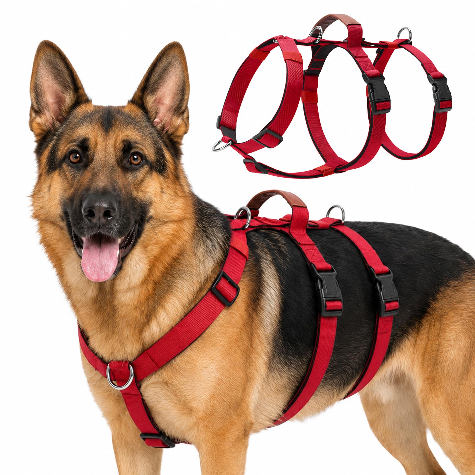 No Pull Dog Harness, Escape Proof Breathable Adjustable No Choke Dog Harness with 3 Leash Clips, Soft Padded Pet Vest Harness with Easy Control Handle for Medium Large Dogs Walking Training (Red, XL)
