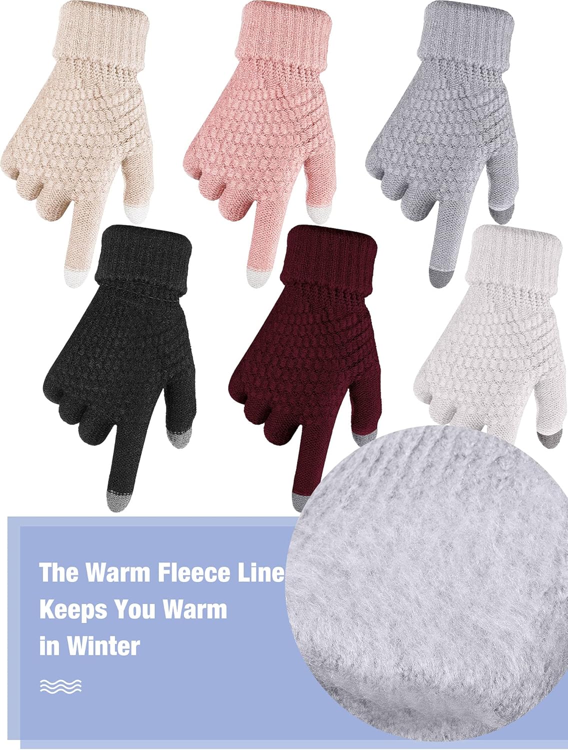 SATINIOR 6 Pair Women Winter Touch Screen Gloves Warm Fleece Lined Knit Gloves for Women(Black, Gray, Pink, Beige, White, Wine Red) - Image 4