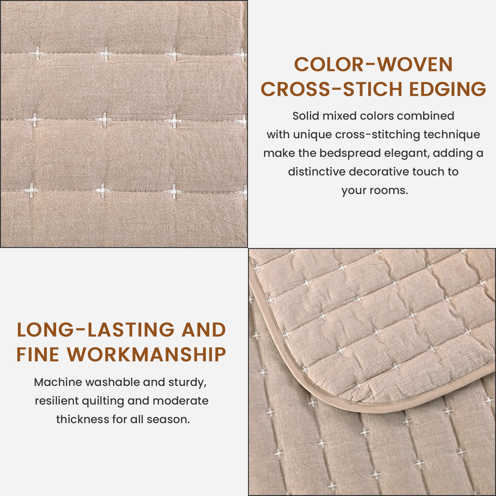 Qucover Colchas Acolchadas Cama 150 Súper Suaves y Cómodas de Algodón Lavado con Patrón Moderno de Punto de Cruz, 3 Piezas Cubrecama de Verano con Fundas de Almohada (Caquí, Cama 150)