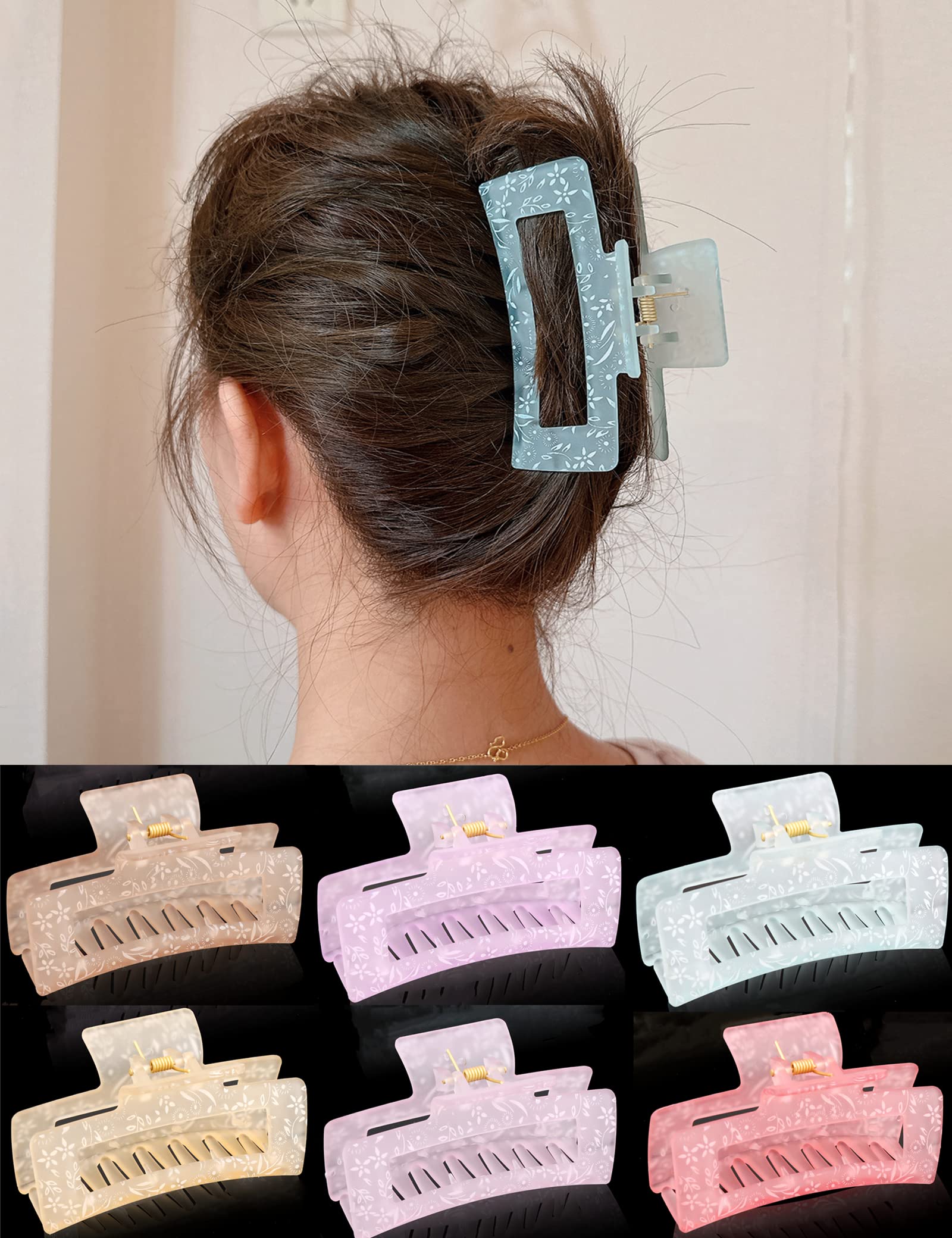 Floral Pattern Hair Claw Clips Set,4 in Rectangular Hair Clips for Women,7 Pcs Pastel Clear Claw Clips Freely Style for a Week,Great Hair Accessories for Girls