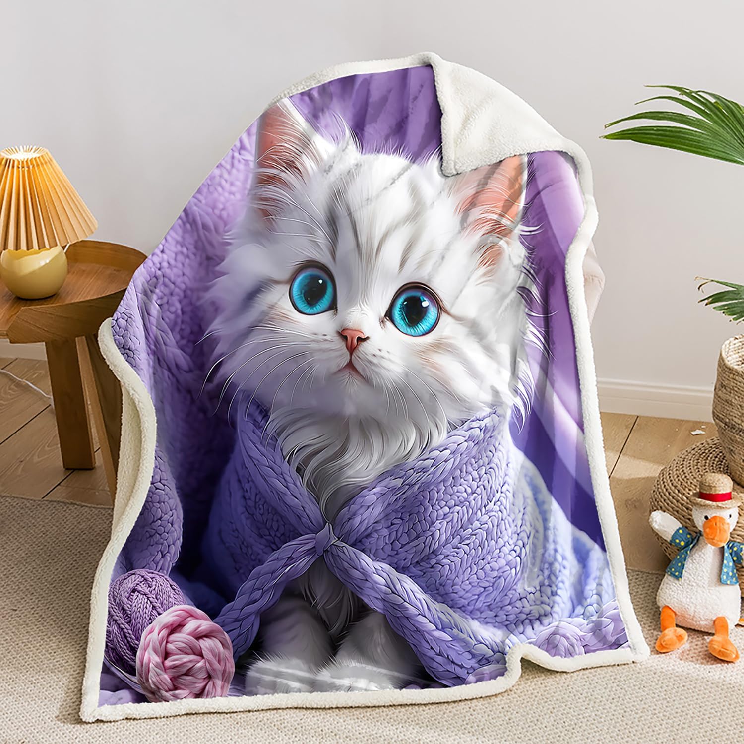 AILONEN 3D Beautiful Cat Sherpa Fleece Throw Blanket,Kawaii White Kitten Heavy Duty Thick Fuzzy Fluffy Sherpa Blanket,Cat Lovers Blanket Soft Lightweight Decor for Sofa, 78 x 59 Inches