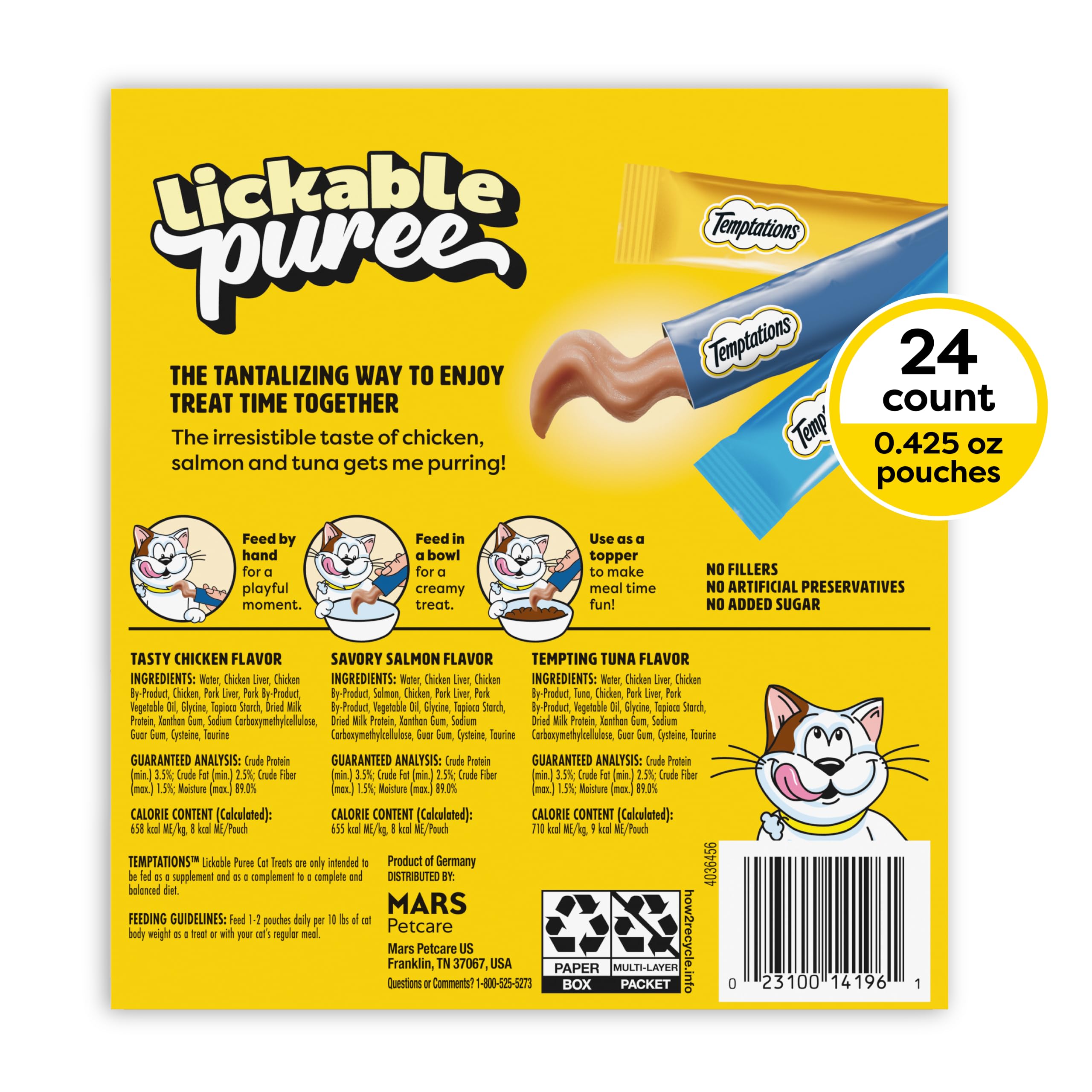 Temptations Creamy Puree with Chicken, Salmon, and Tuna Variety Pack of Lickable, Squeezable Cat Treats, 0.42 oz Pouches, 24 Count
