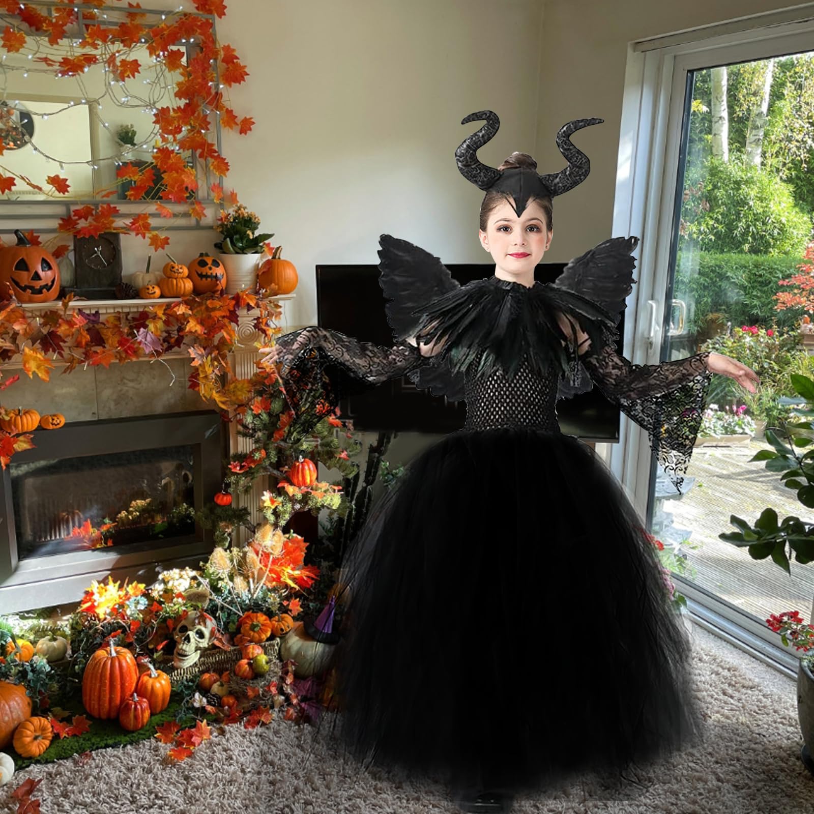 Disfraz de Malefica para Niña de Halloween: Reina Bruja Malvada Vestido Maléfica para Niños con Tocado de Cuernos y Capa de Alas Negras para Halloween Carnaval Cosplay Fiesta Traje