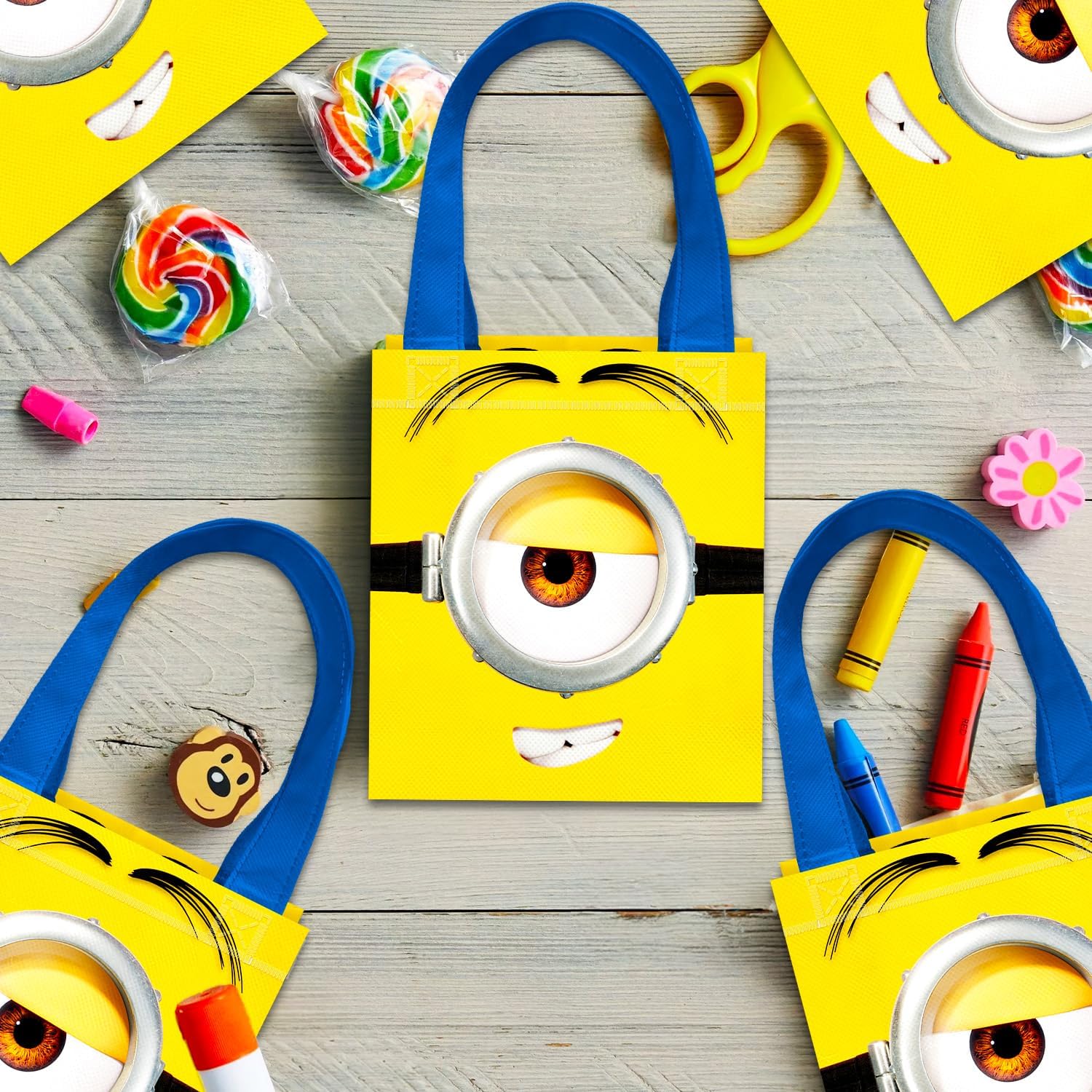 Minions Party Favor Bags for Kids Birthday 24 Pack Bundle | Mini 8" Despicable Me Party Goodie Bags, Bulk Reusable Tote Canvas Gift Bags - Minions Party Supplies for Boys Girls