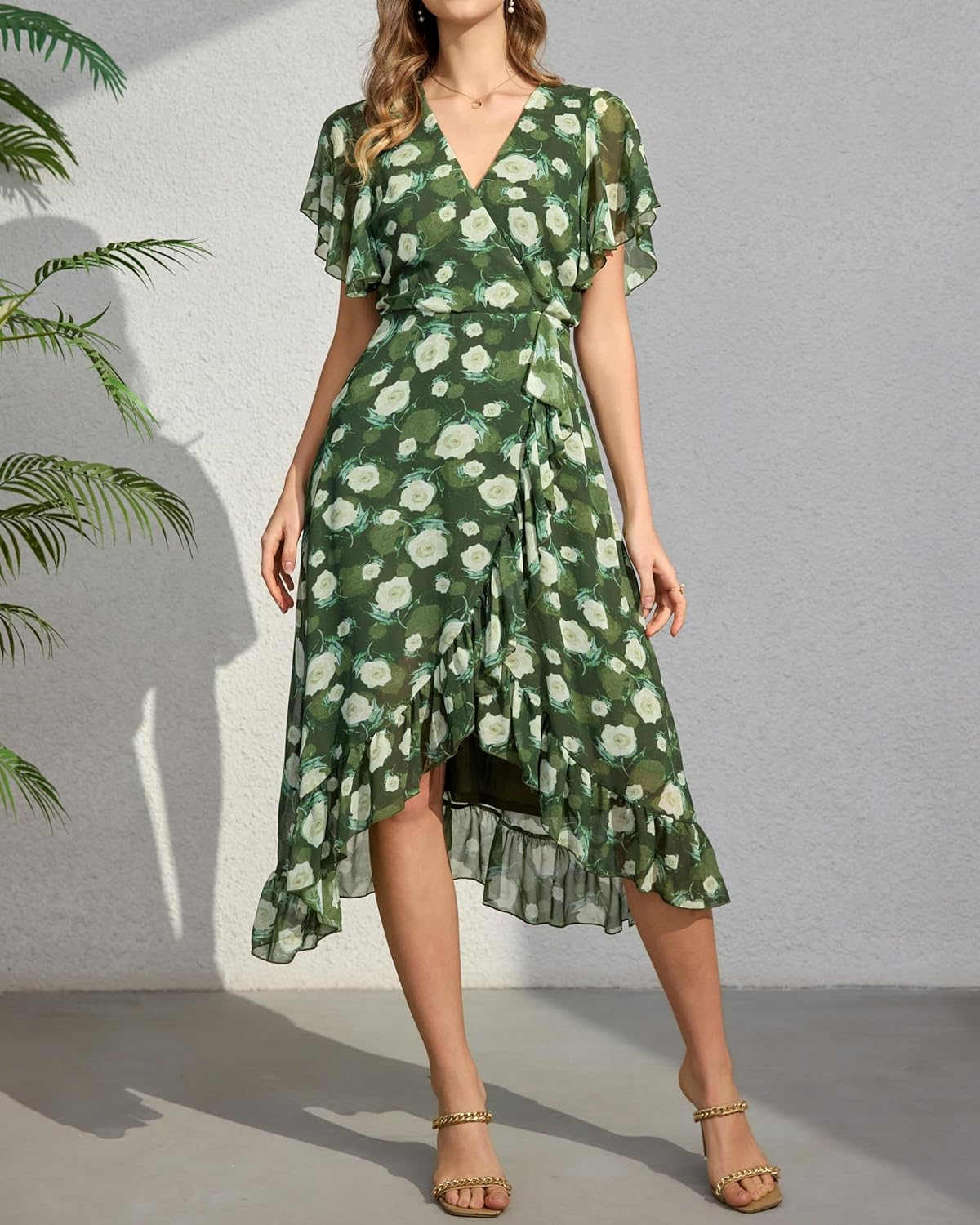 Women's 2026 Summer Flutter Short Sleeve WrapV Neck Ruffle Asymmetrical Hem Floral Printed Cocktail Dress
