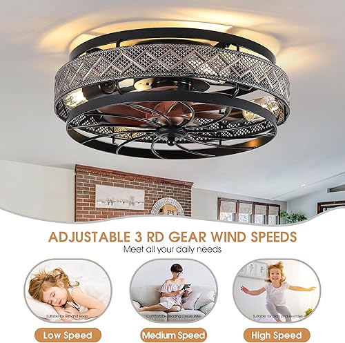 Miniatura 4 de SHIHOT Ventiladores de techo enjaulados de perfil bajo de 18 pulgadas con luces y control remoto, ventilador de techo empotrado con luz, ventilador