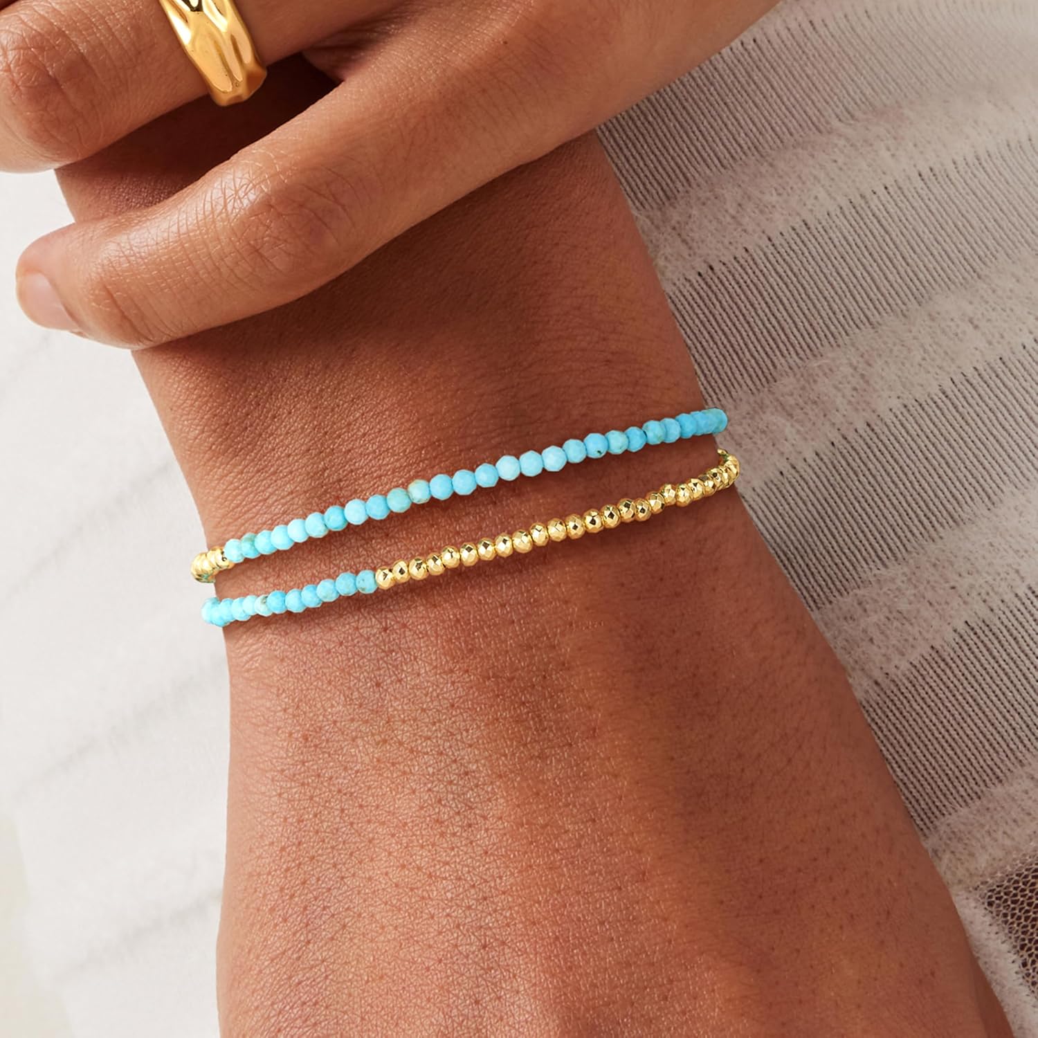 Fettero Charm Bracelet for Women Trendy - Dainty Gold Bracelet Stack Cute Beads Bracelet 14K Gold Plated Layered Boho Bracelets Jewelry - Image 3