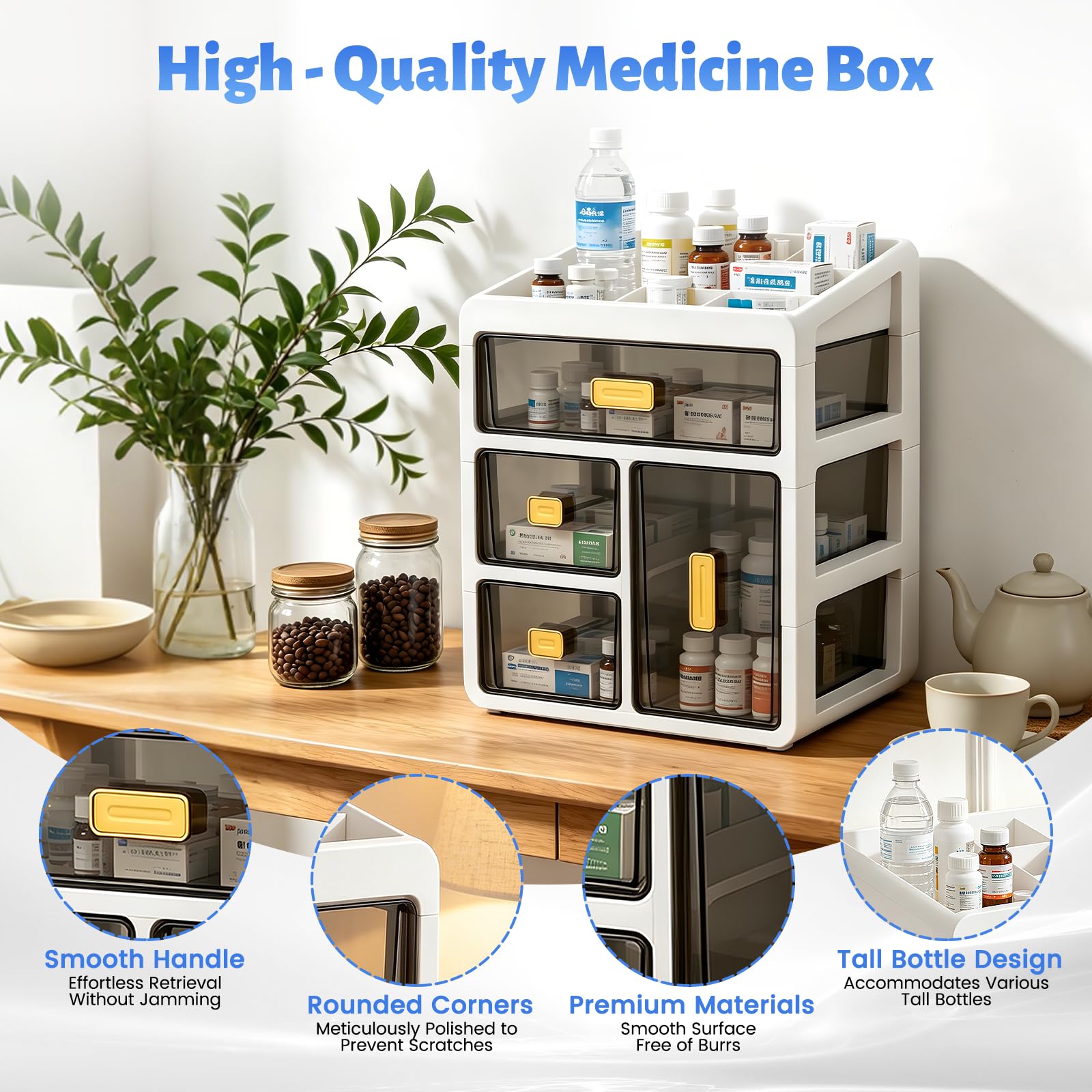 Boîte de Rangement à Quatre Tiroirs,Armoire Pharmacie en Plastique Blanc,Organiseur de Médicaments avec Tiroirs Transparents,Grand Rangement pour Medicaments et Petits Cosmétiques,pour Maison Bureau