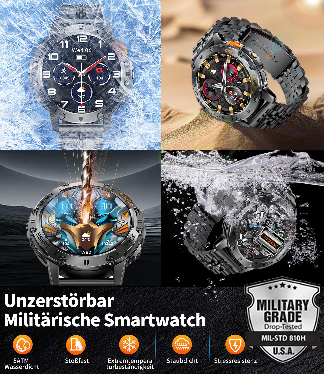 ESFOE Montre Connectée Homme 1000mAh/LED Lampe/5ATM Étanche, 1.85