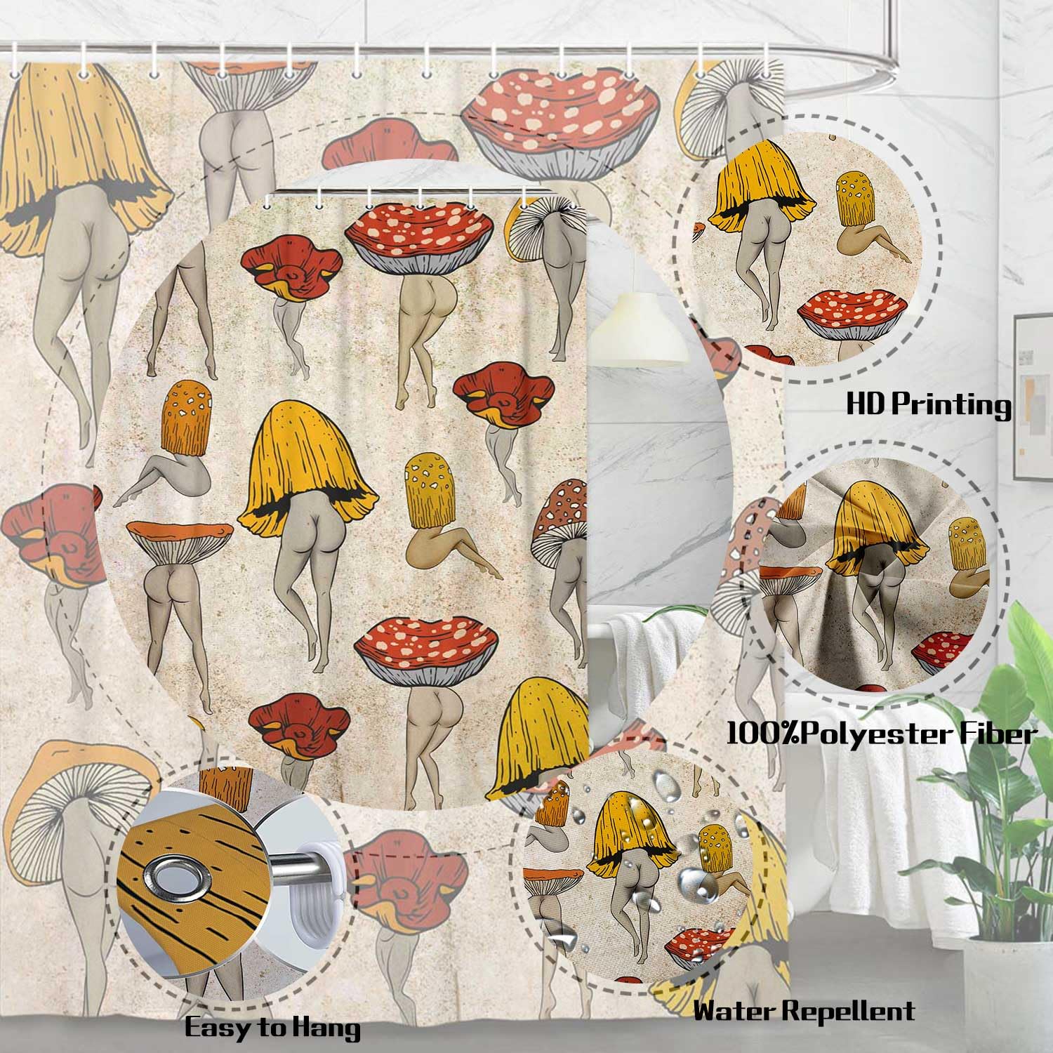 Funny Mushroom Shower Curtain - Psychedelic Hippie Butt Tattoo Design, 69x70 Inch, Waterproof Fabric