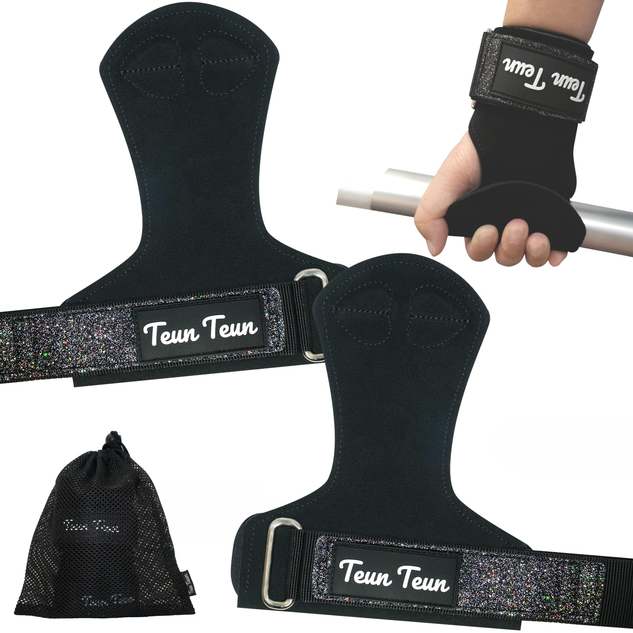 Teun Teun Glitter Wrist Straps for Weightlifting, Women's Gym Lifting Straps for Deadlift, Leather Workout Weight Lifting Grips With Neoprene Padded