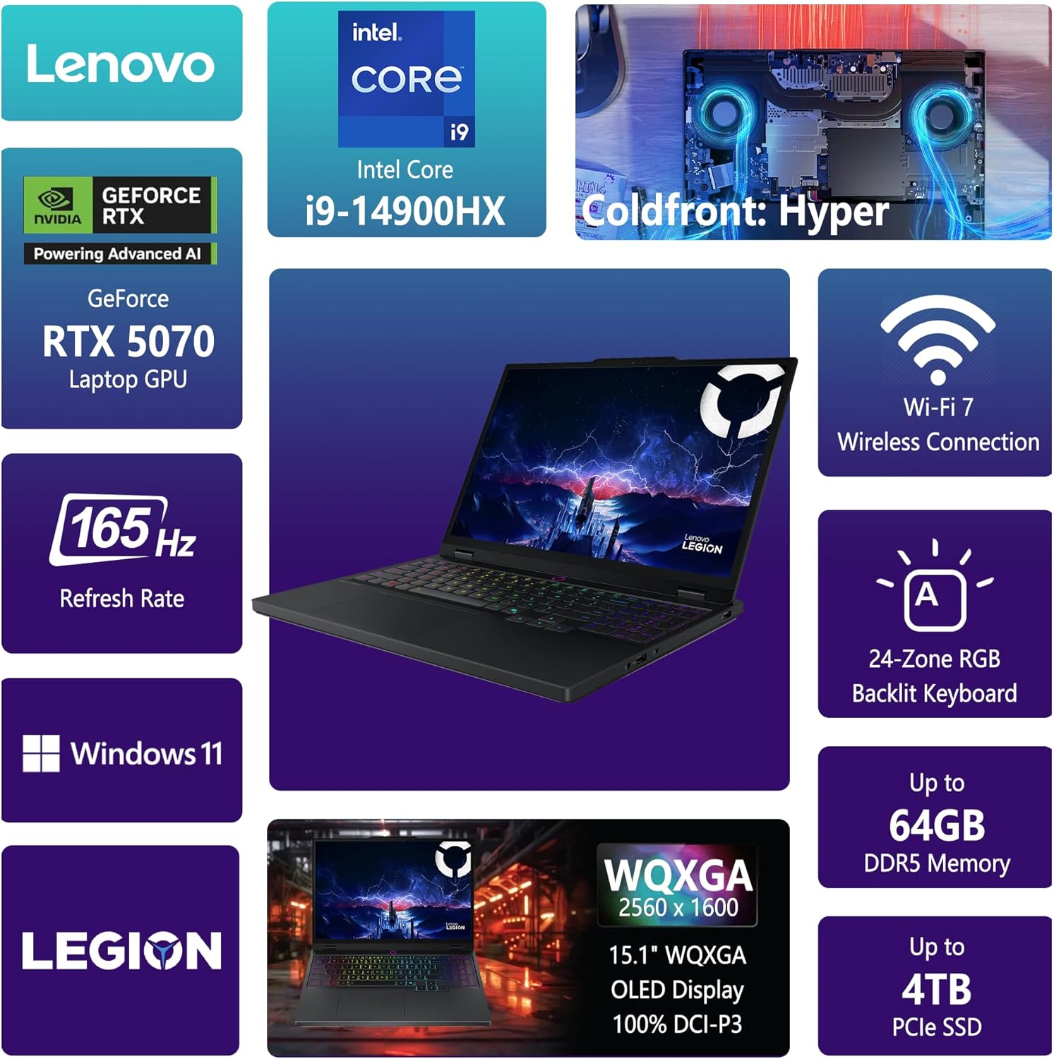 Lenovo Legion 5i AI-Powered Gaming Laptop | 15.1" WQXGA OLED 165Hz | Intel Core i9-14900HX | 32GB DDR5 2TB SSD | GeForce RTX 5070 (798 AI Tops) | RGB Backlit Wi-Fi 7 Win11 Pro w/DLCA Accessory