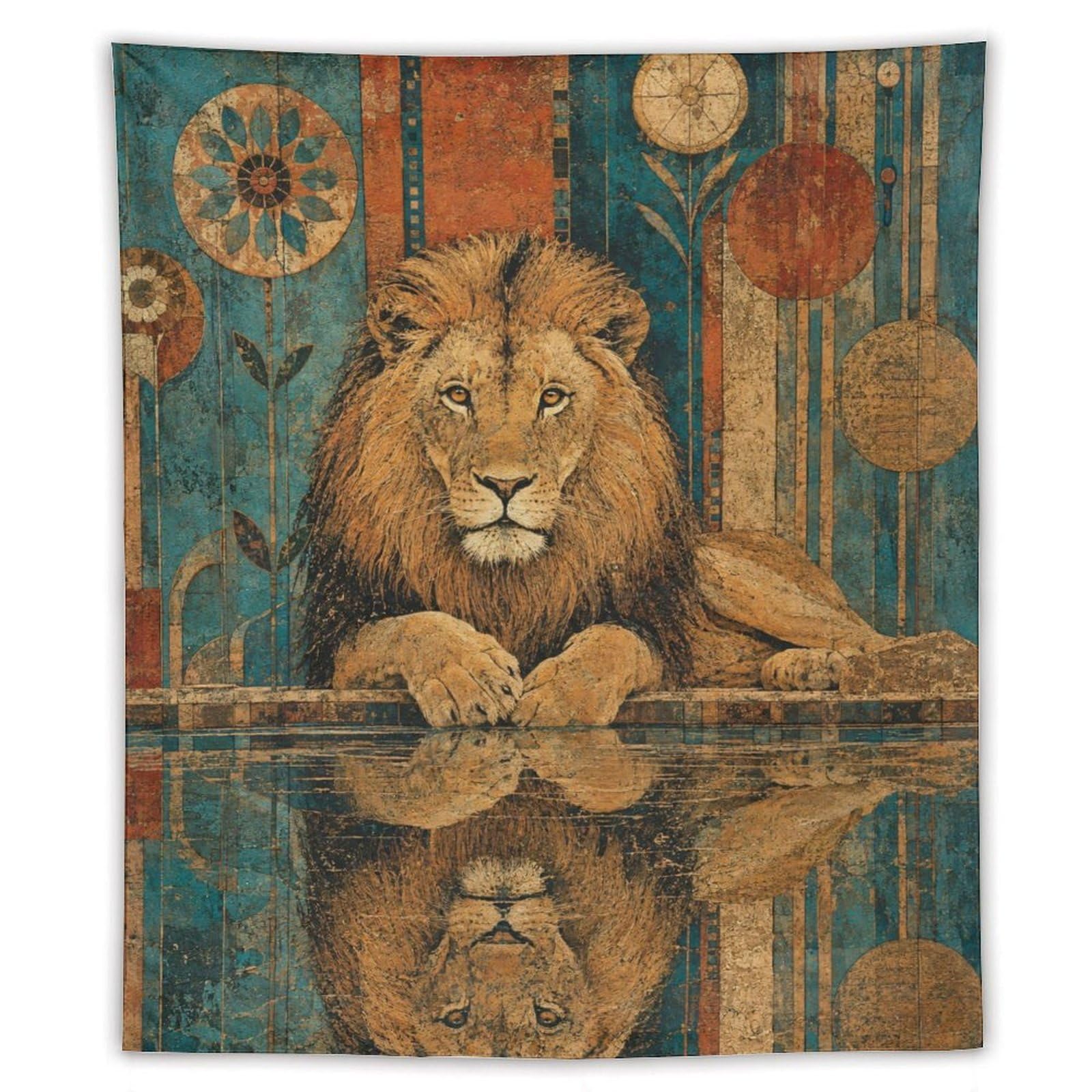 W7C8U2X3 Lion Reflection Wall Tapestry, Realistic Illustration, Lotus Pool