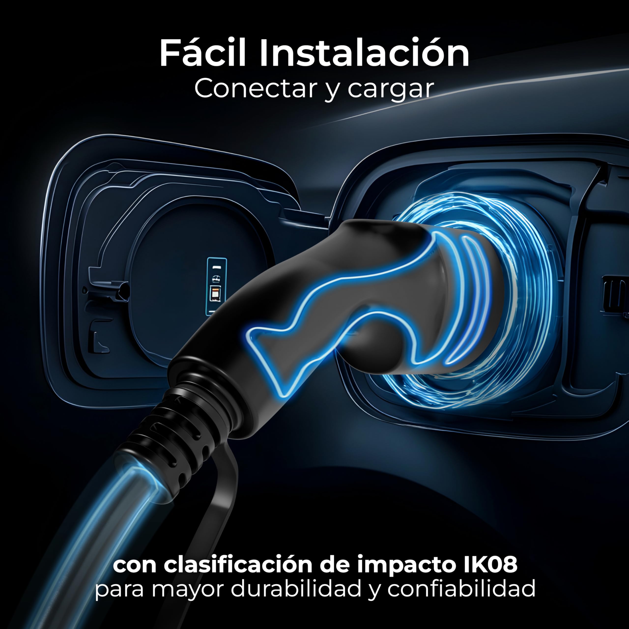 Masterplug Estación de Carga EV de Pared para Vehículos Eléctricos Tipo 2, Cargador Coche Eléctrico con Cable de 5m y Función de Fija Automático, Monofásico, Modo 3, RFID, IP65, 7.4kW, 32A, EVCM3BT7BR