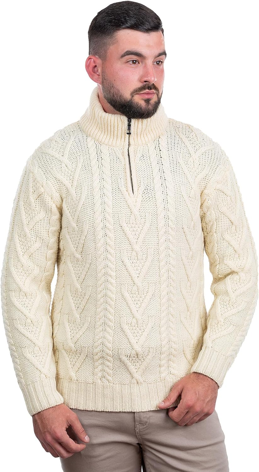SAOL 100% Merino Wool Mens Zip Neck Sweater Irish Fisherman Cable Knit Winter Outdoor Pullover Aran Jumper - Image 8
