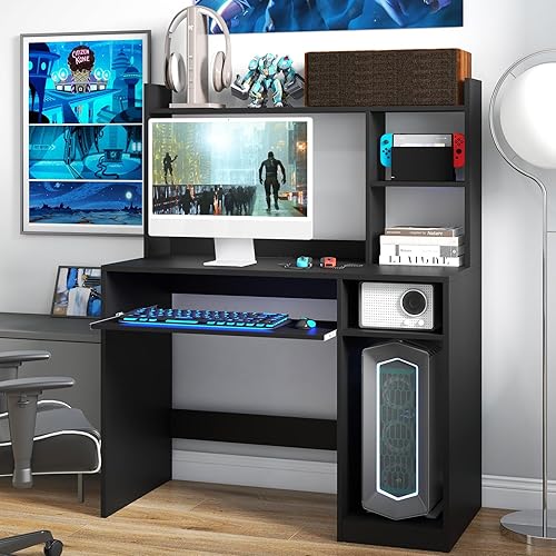 Miniatura 8 de COSTWAY Escritorio negro para computadora con estante de almacenamiento, escritorio de madera con gabinete, escritorio de oficina con soporte para