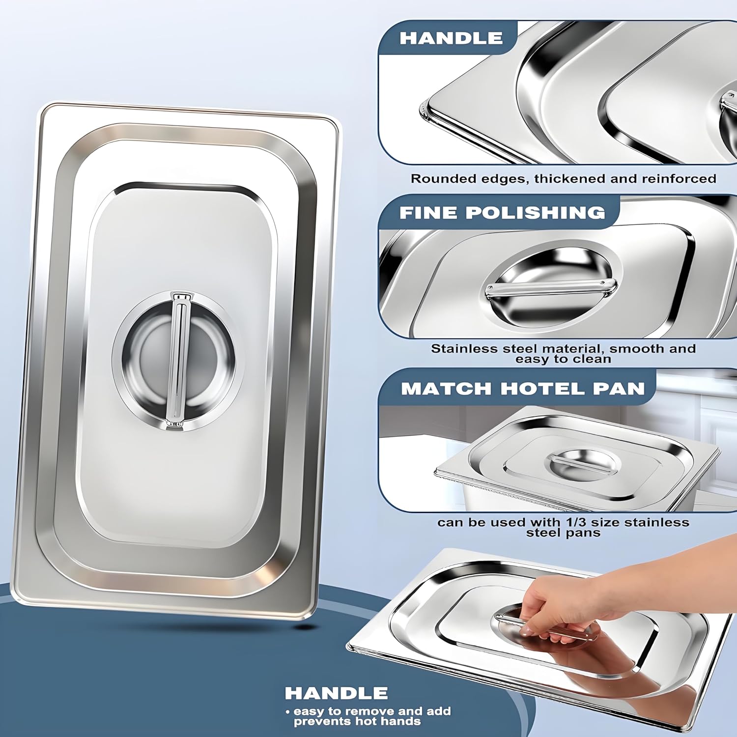 6 Packs 1/3 Size Hotel Pan Lids, 12.9''L x 7''W Stainless Steel Steam Table Pan Cover with Handles, Metal Hotel Pan Covers for Home, Buffet, Cafeteria, Commercial Restaurant - Image 2