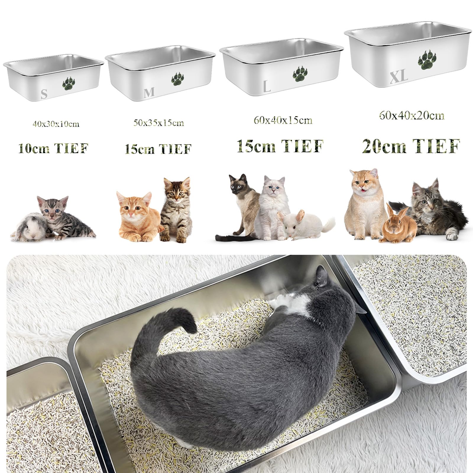 PTLOM Lettiera per gatti in acciaio inossidabile, grande lettiera per gatti in metallo, antispruzzo, inodore e antiaderente, adatta per gatti grandi e piccoli, conigli, mimetica Paw，60x40x20cm
