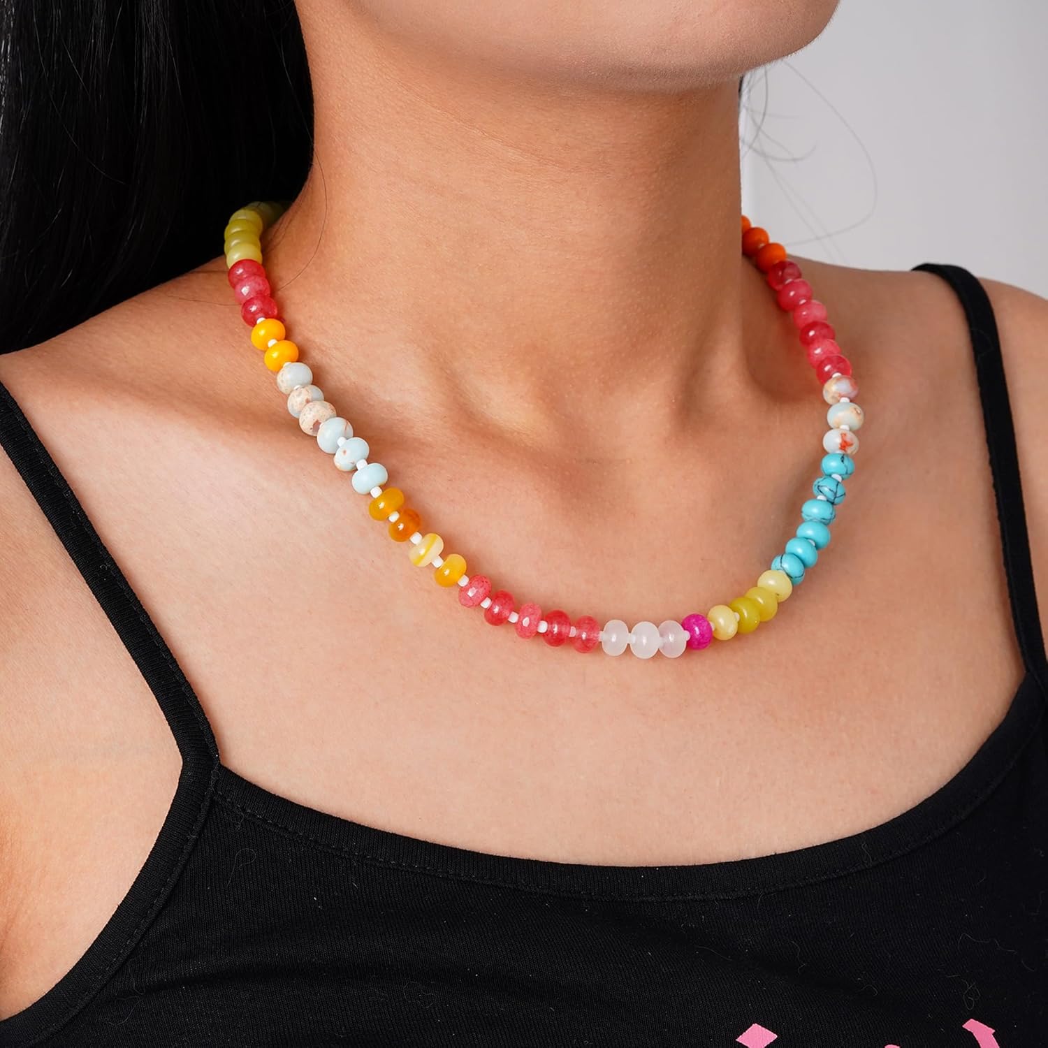 LALAPPLE Colorful Beaded Gemstone Necklace for Women, Boho Rainbow Bead Choker with Natural Stone Crystal Beads, Handmade Summer Beach Necklace Jewelry - Image 2