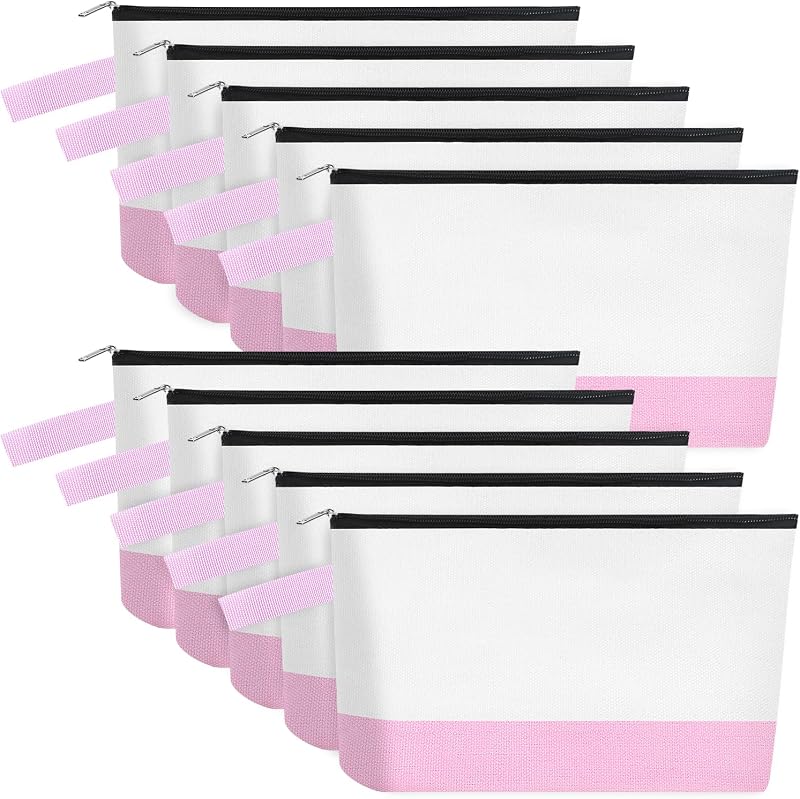 Necessaire de lona de algodão Sinzip com zíper e alça, para maquiagem e viagem, tamanho M, branca e rosa, pacote com 10