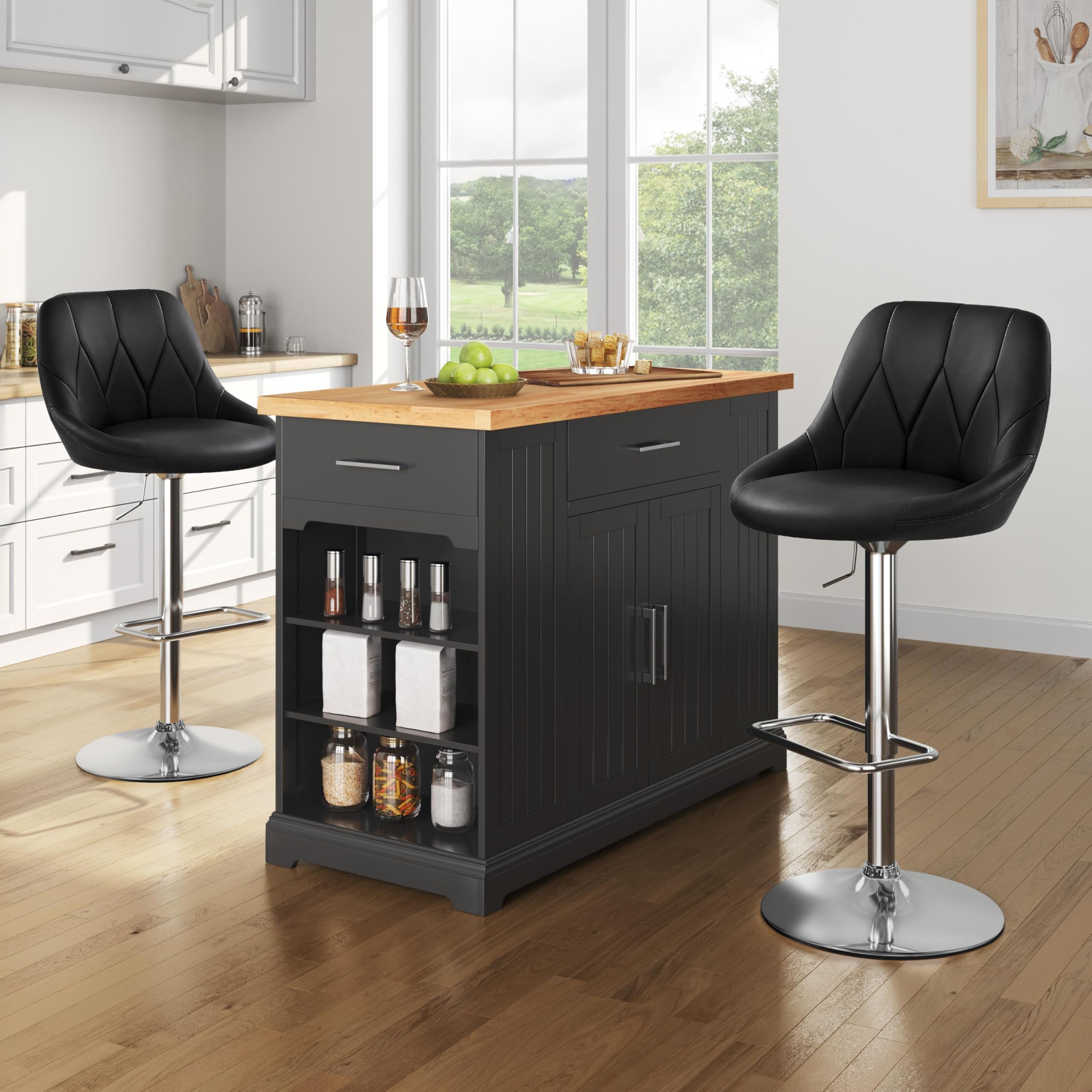 Yaheetech Juego de 1 taburete de bar regulable en altura, giratorio 360°, taburete acolchado con piel sintética para cocina, bar, salón, comedor, color negro