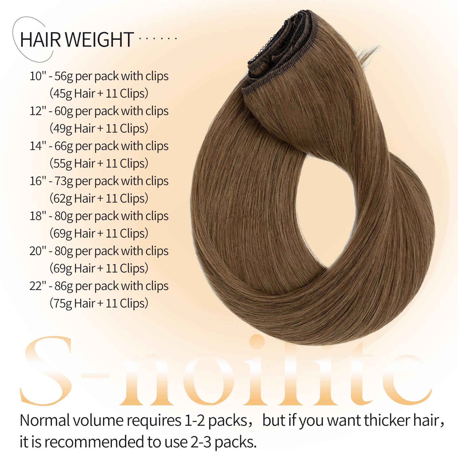 S-noilite Extension Capelli Veri Clip, 3 Pezzi 11 Clips Extensions Capello Veri, Vergine Extension di Capelli Umani, 73g Un Pezzo Naturali Extensions Capello Umani, 40CM Marrone Freddo #4