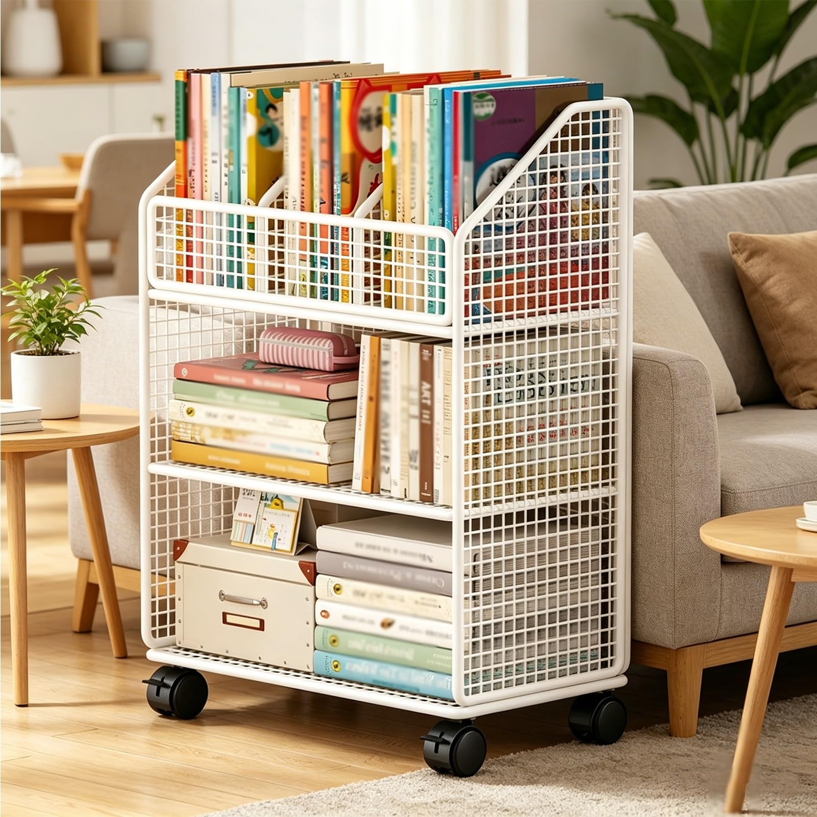 Rollbarer Bücherwagen, 3-stufiges Fahrbares Bücherregal Aus Metall, Schmaler Organizer-Wagen Für Aktenordner, Ideal Für Büro, Schule, Wohn- Und Schlafzimmer(White)