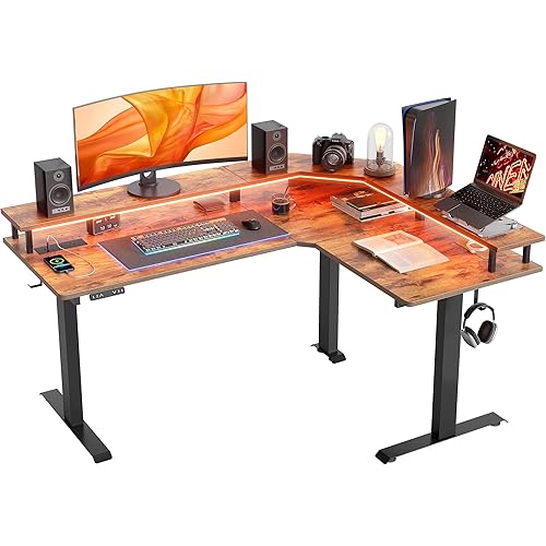 FEZIBO 63" Triple Motor L Shaped Standing Desk with LED Strip & Power Outlets, Height Adjustable Stand up Corner Gaming Desk with Ergonomic Monitor Stand, Rustic Brown Top/Black Frame