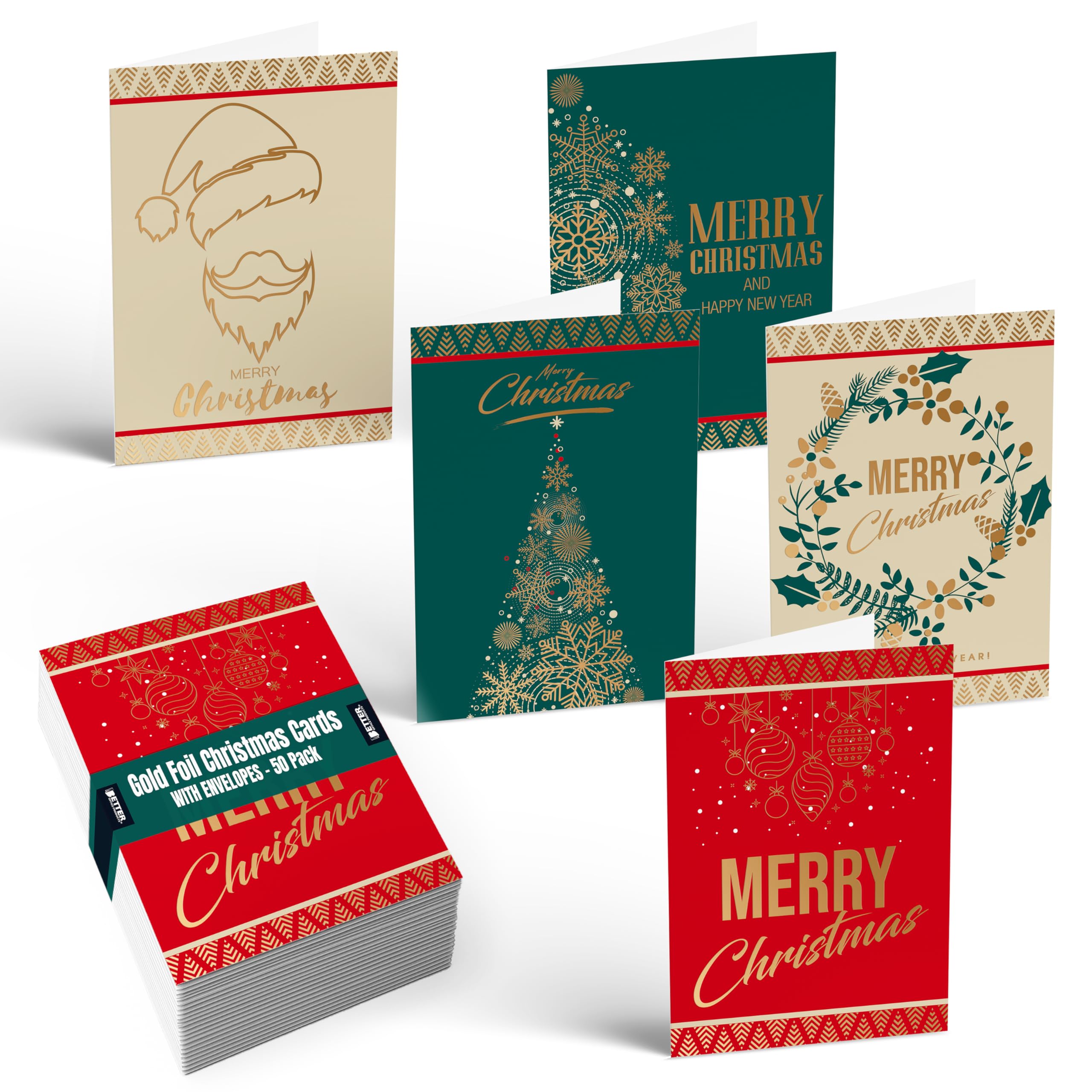 Better Office Products 50 Pack Christmas Cards with Gold Foil Iconic Images, 5" x 7", High Gloss, Gold Foil Interior Greeting, with 50 Envelopes, 50