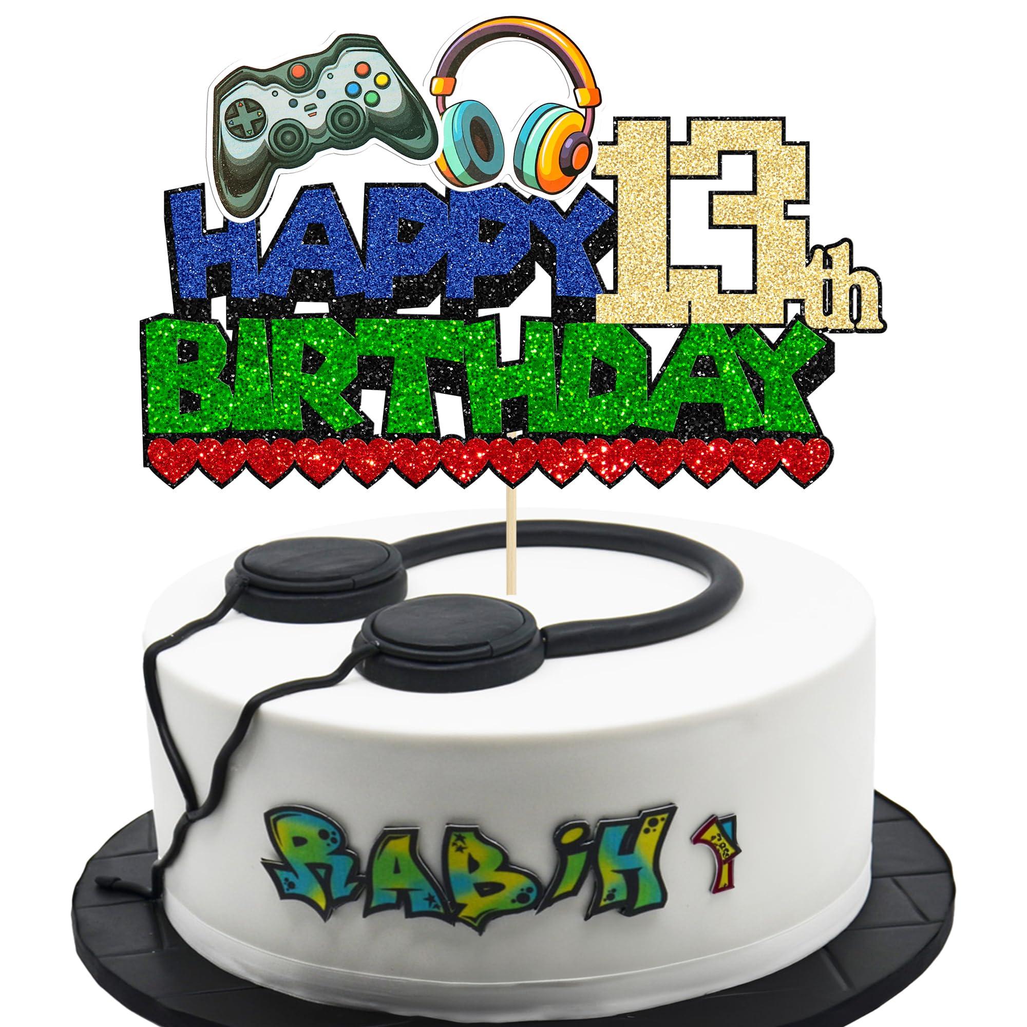 Ephlyn 1Pcs Happy 13th Birthday Cake Topper Glitter Video Game Cake Pick Game On Controllers Thirteen Cheers to 13 Years Cake Decoration for Game