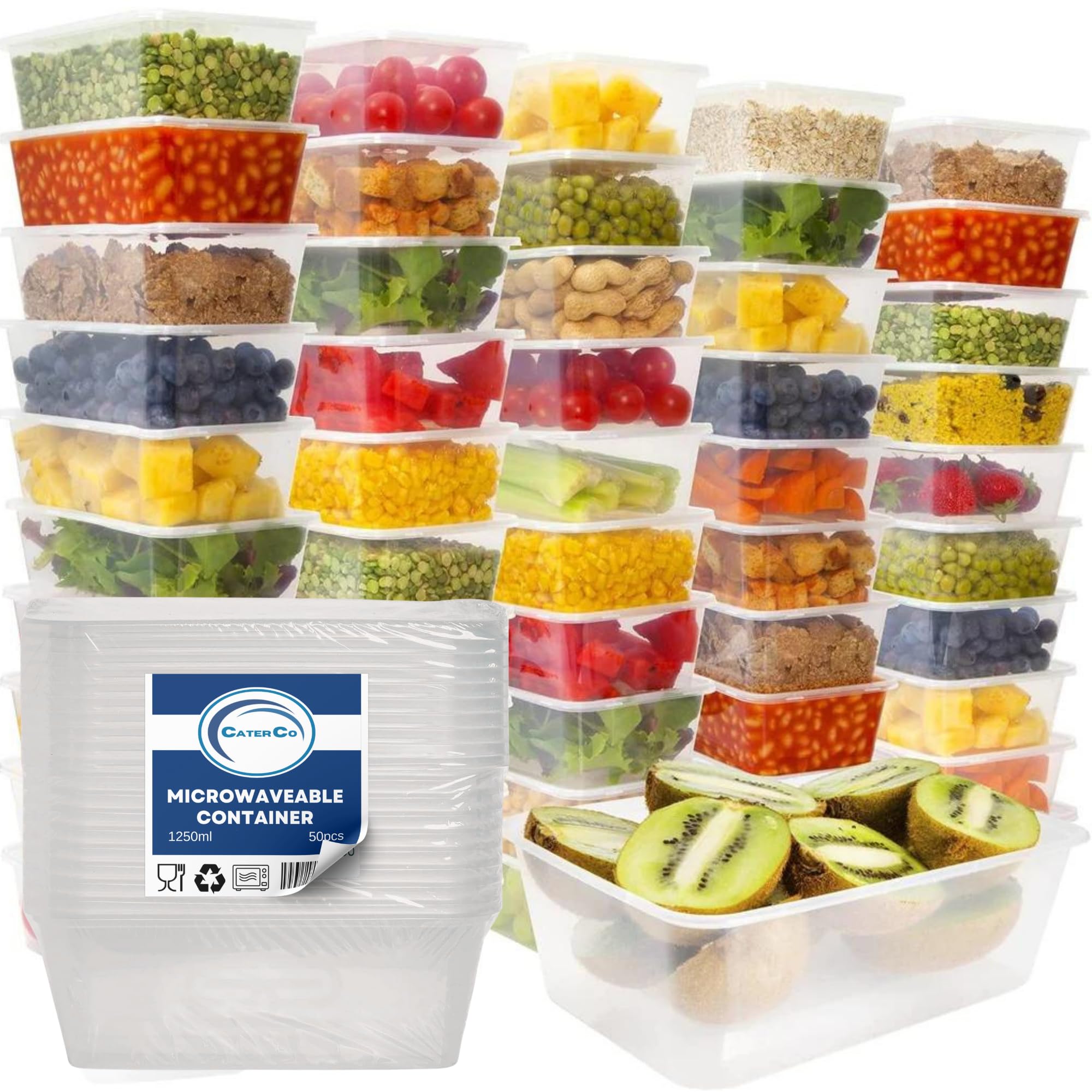 Caterco Clear 1250Ml Plastic Food Containers With Lids - Set Of 50 - Bpa Free, Reusable & Disposable Meal Prep Containers - Microwave & Freezer Safe, Cooking, Takeaway, Storage (1250Ml - Set Of 50)