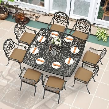 MEETWARM 9-Piece Outdoor Furniture Dining Set for 8, All Weather Cast Aluminum Patio Dining Set- Large 64" Square Table with Umbrella Hole and 8 Cushioned Chairs, Patio Table and Chairs Set, Khaki