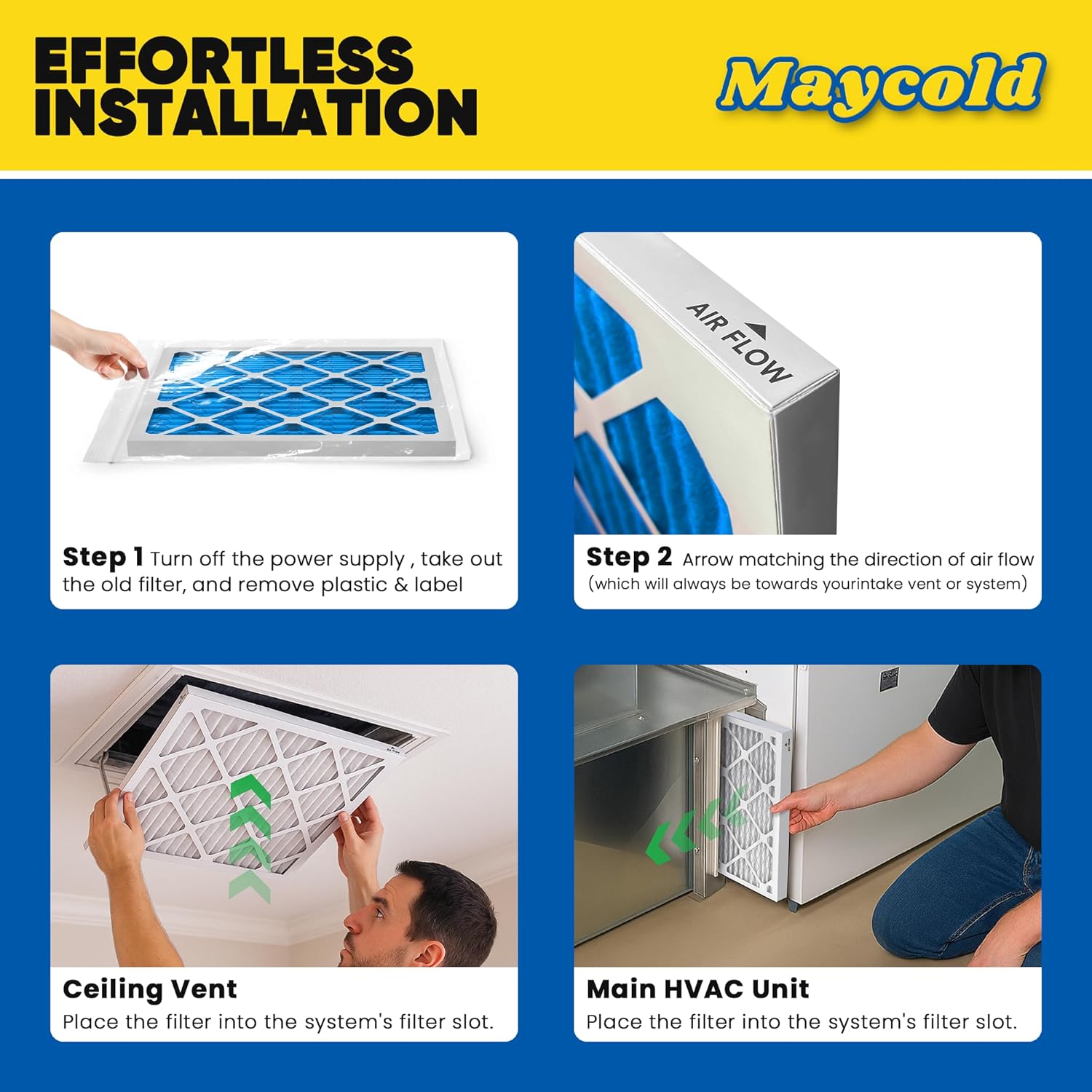 Maycold 14x20x1 MERV 11 Furnace Air Filter (6-Pack), High-Performance HVAC AC Filters for Home Use, Actual Size: 13.70” x 19.70” x 0.75”, Individually Wrapped in Plastic