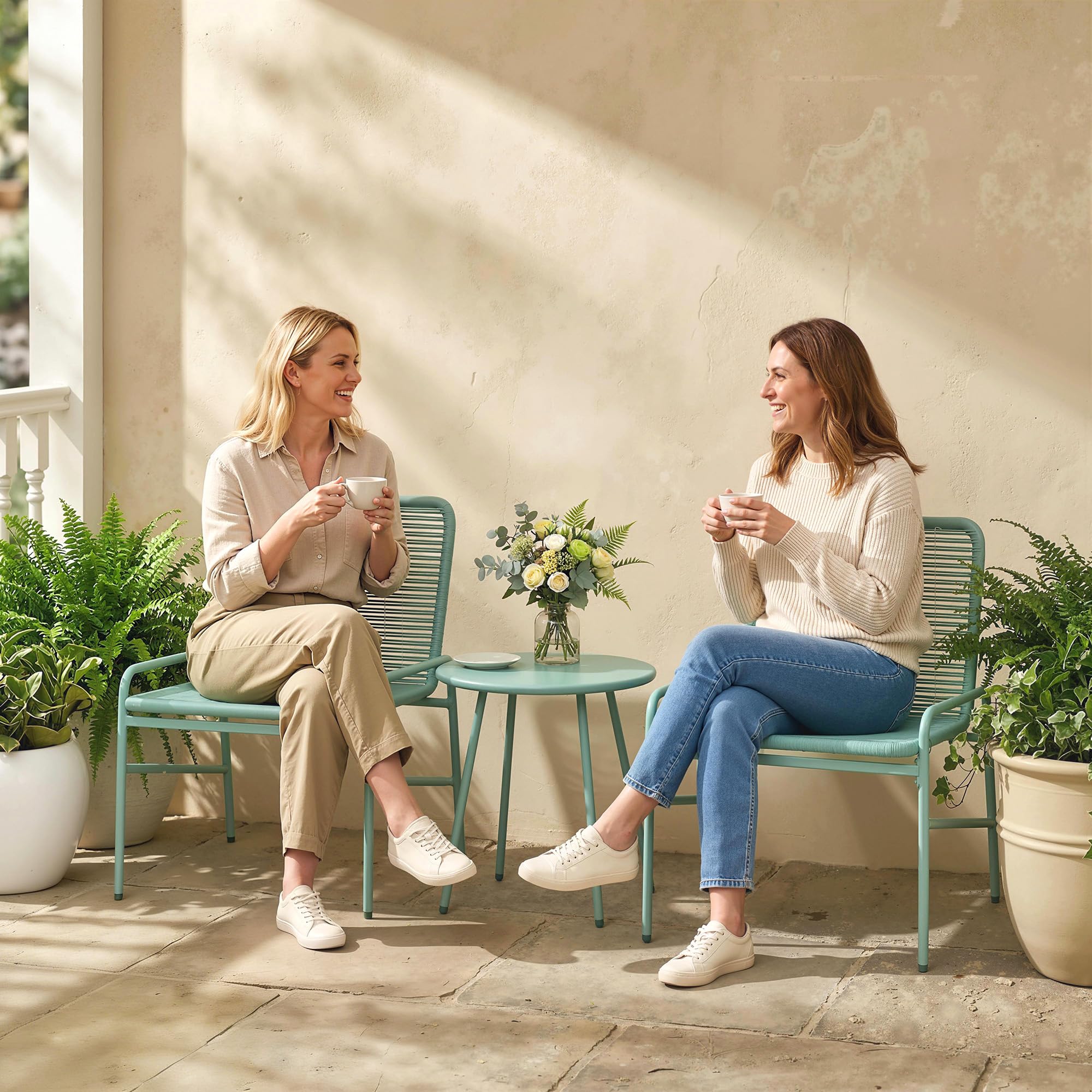 Outsunny Salon de Jardin Extérieur 3 Pièces en Résine Tressée, Table de Jardin Ronde avec 2 Chaises, Pieds Ajustables, Cadre en Acier Galvanisé, Mobilier de Jardin pour Balcon Terrasse Patio, Vert