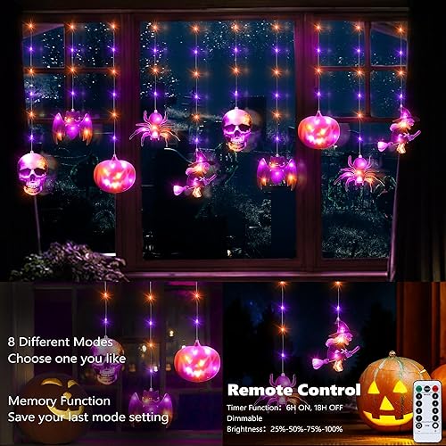 Miniatura 3 de Lomotech Luces de ventana de Halloween, 8.9 pies, 108 luces LED de Halloween moradas y naranjas con control remoto, luces de cortina con 10 adornos