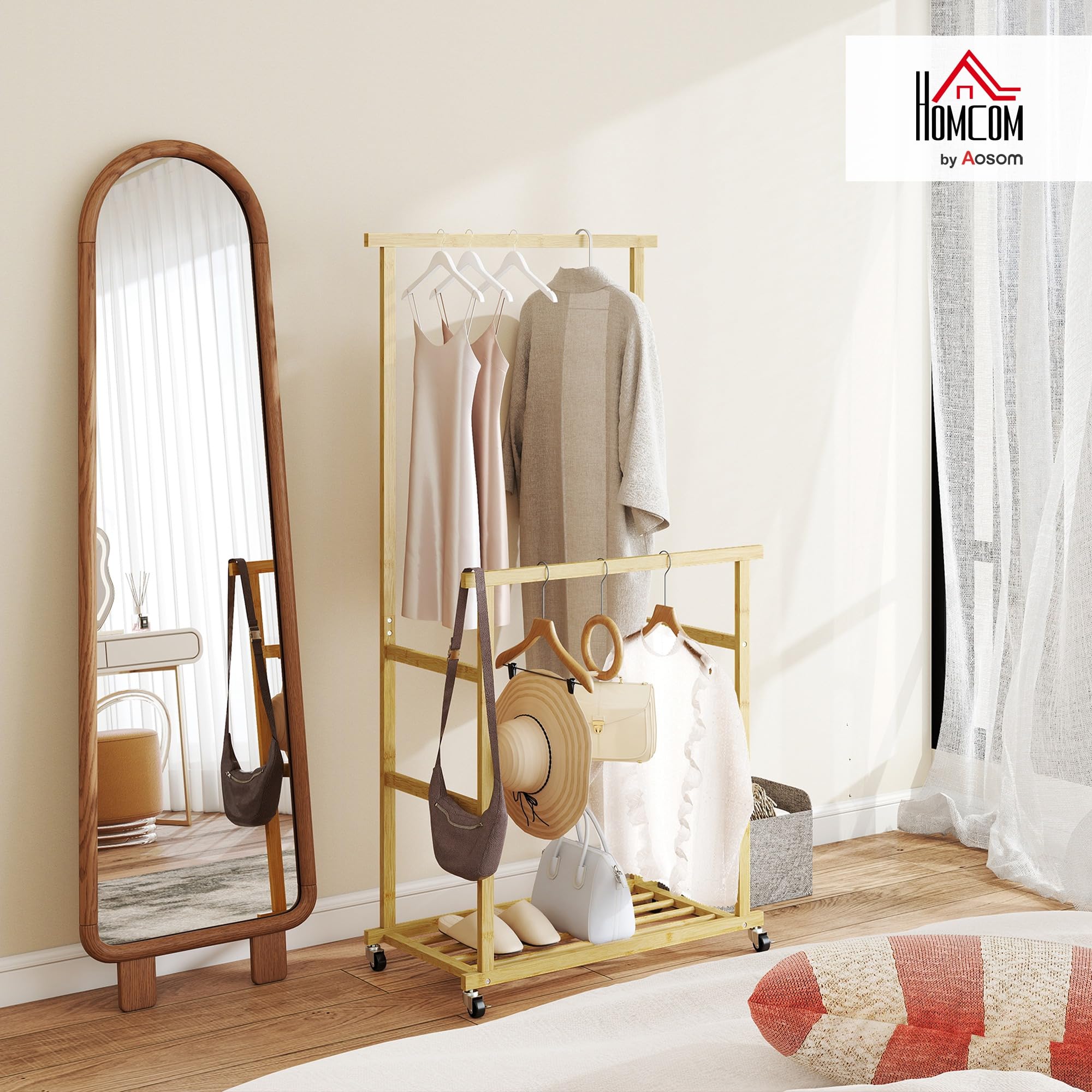HOMCOM Stand Appendiabiti da Terra con 2 Barre e 4 Ruote Attaccapanni Salvaspazio con Ripiano Inferiore in Bambù per Camera da Letto Soggiorno 80x40x160 cm Legno Naturale