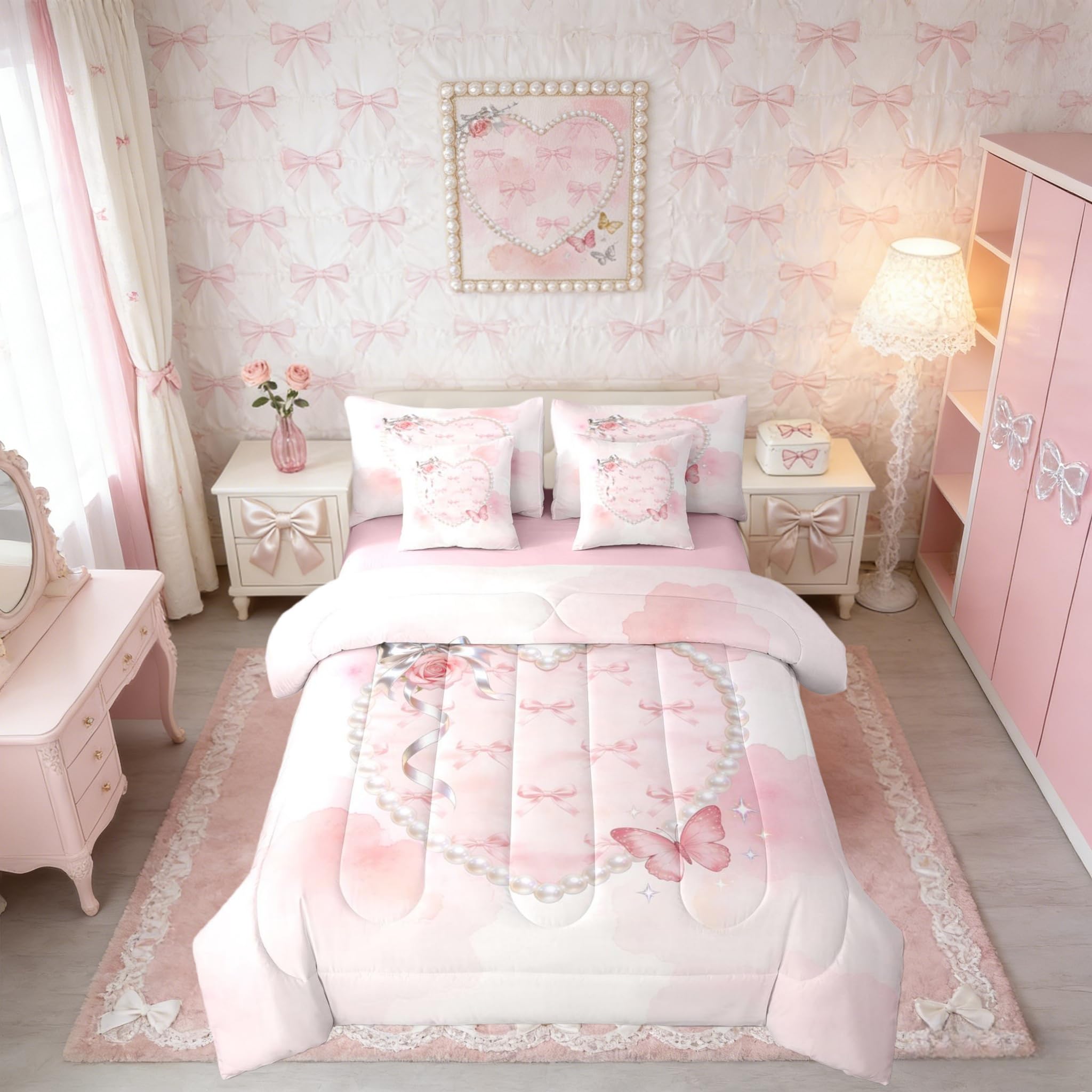 Erosebridal Cute Pink Bow King Bed in A Bag 7 Piece Girly Ribbon Bow Knot Comforter Set with Sheets Pearl Princess Bowknot Bedding Sets for Kids Girls Teens Women,Shiny Butterfly Knot Rose Bed Set