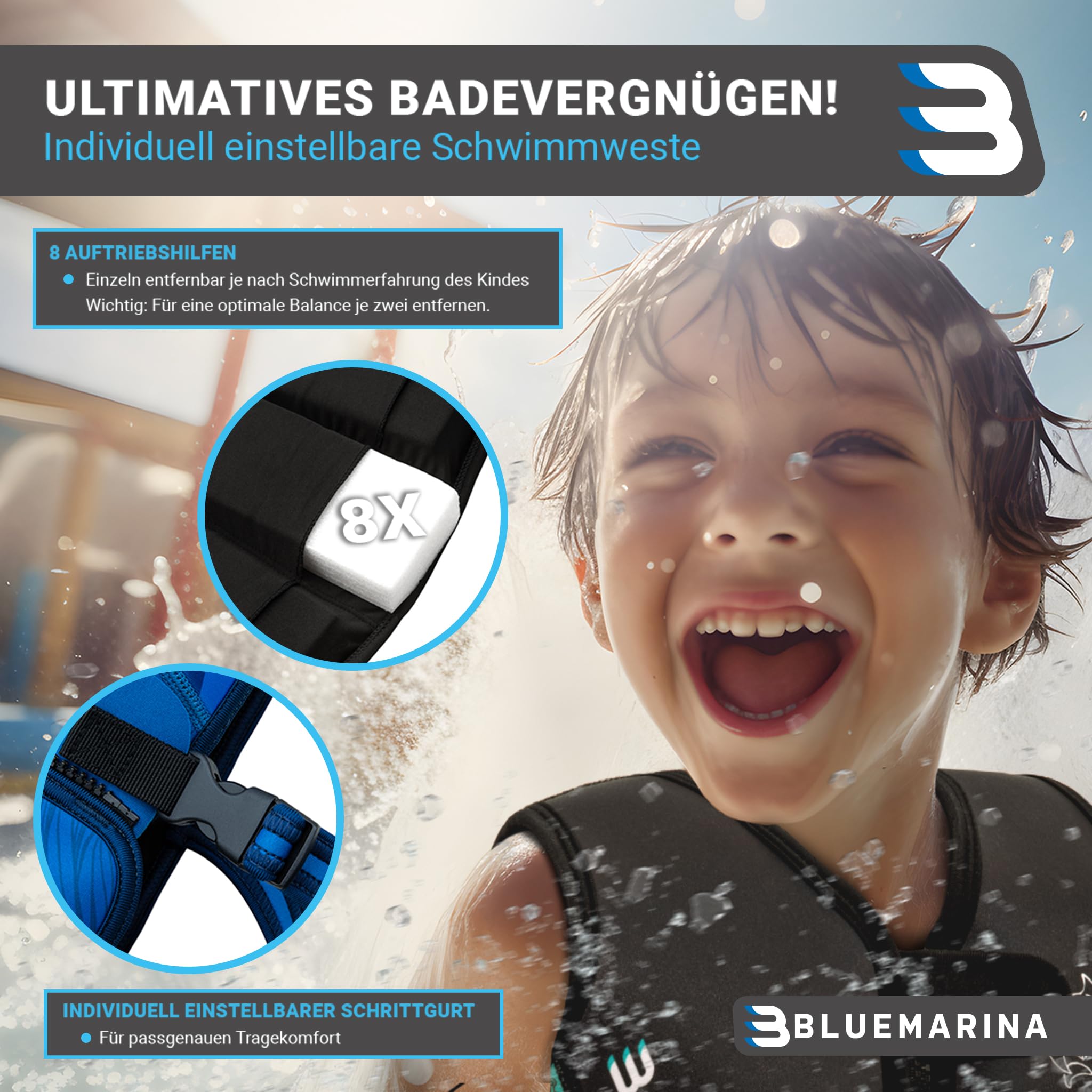 Bluemarina Schwimmweste für Kinder | Verschiedene Größen von Kleinkind bis Baby - Schwimmlernhilfe - Schwimmhilfe - Schwimmflügel - Schwimmring - Schwimm Weste für Kind ab 1-9 Jahren